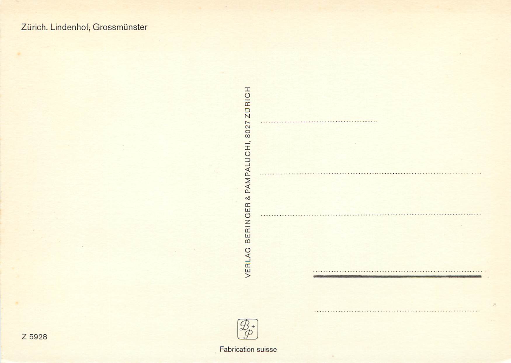 CPM Zurich Lindenhof Grossmunster Verlag Beringer Pampaluchi Zurich — Verso