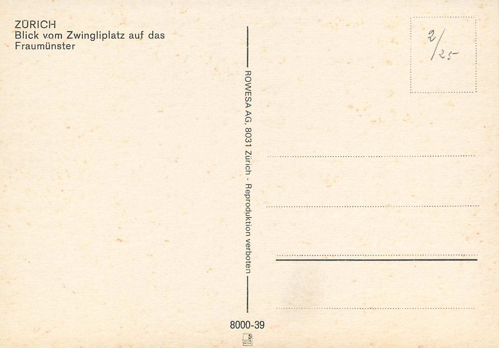 CPM Zurich Blick vom Zwingliplatz auf das Fraumunster — Rückseite