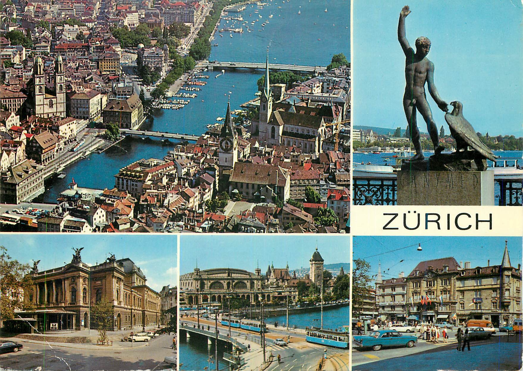 CPM Zurich Flugaufnahme Zurich mit Limmat u Altstadt am Se Ganymed Operhaus Landesmuseum Centralbrucke Schauspiehaus