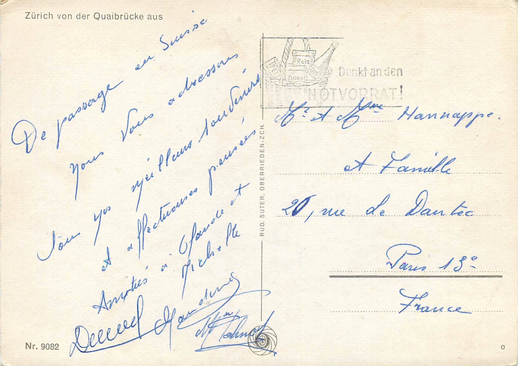 Zurich — vue du quai avec les bateaux et la cathédrale — éditeur Rud. Suter, Oberrieden-ZH, n° 9082 — Verso