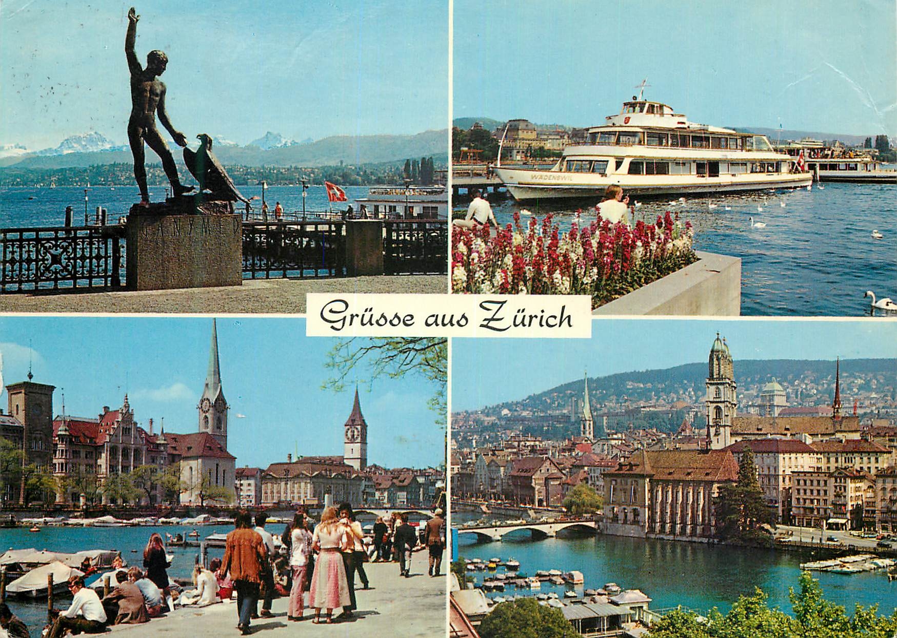 Zurich — vue panoramique avec statue, bateau et ville — Wintertur, n° 3400 - Recto