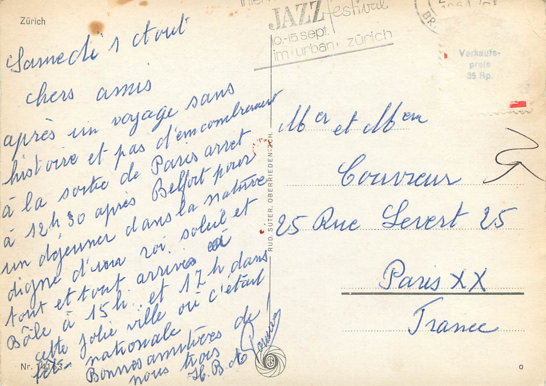 Zurich — aéropostale et paysages — éditeur Rudolf Suter, Oberrieden — Verso