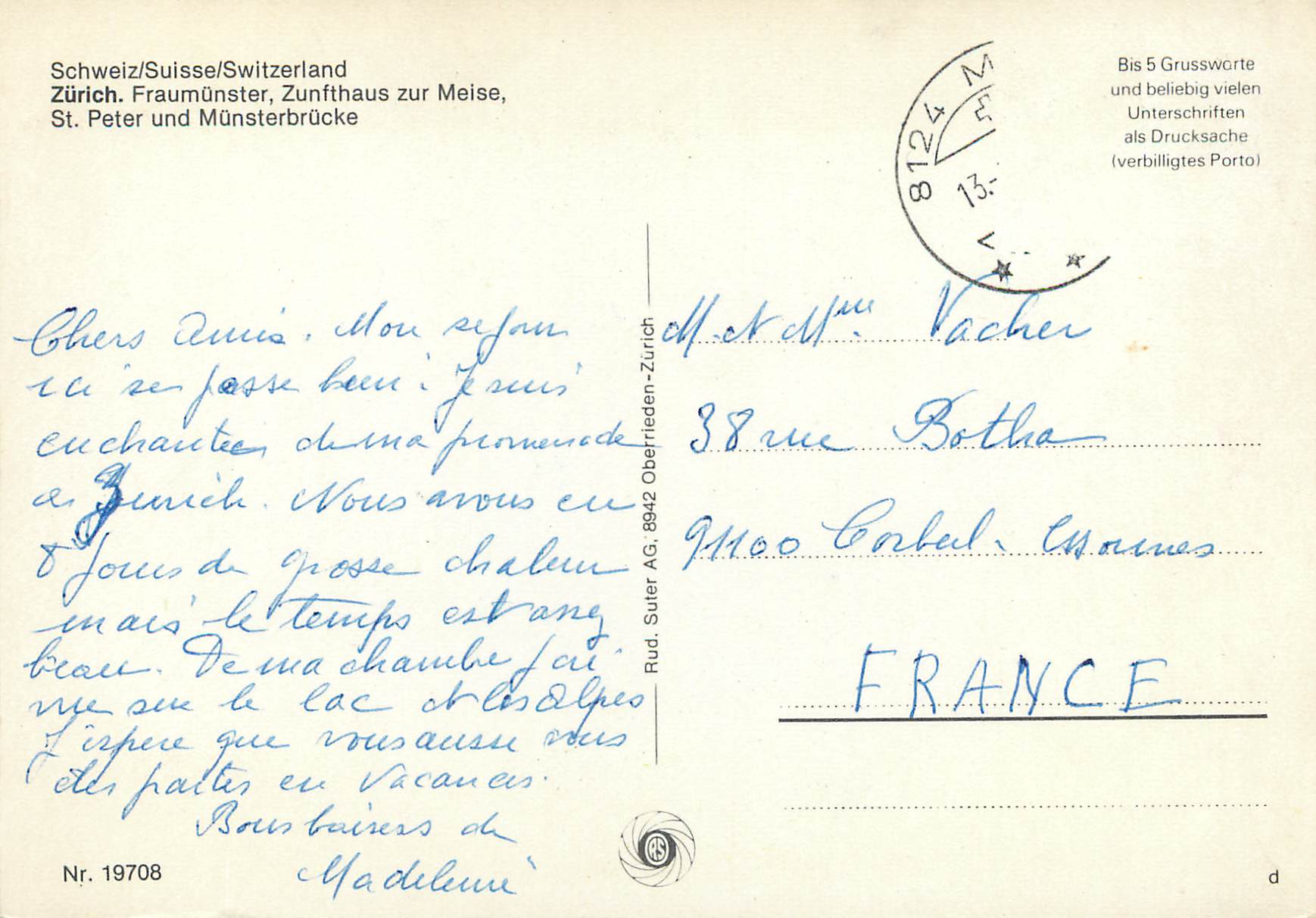 CPM Schweiz Suisse Switzerland Zurich Fraumunster Zunfthauser zur Meise St Peter und Munsterbrucke Bis 5 Grussworte und  — Verso