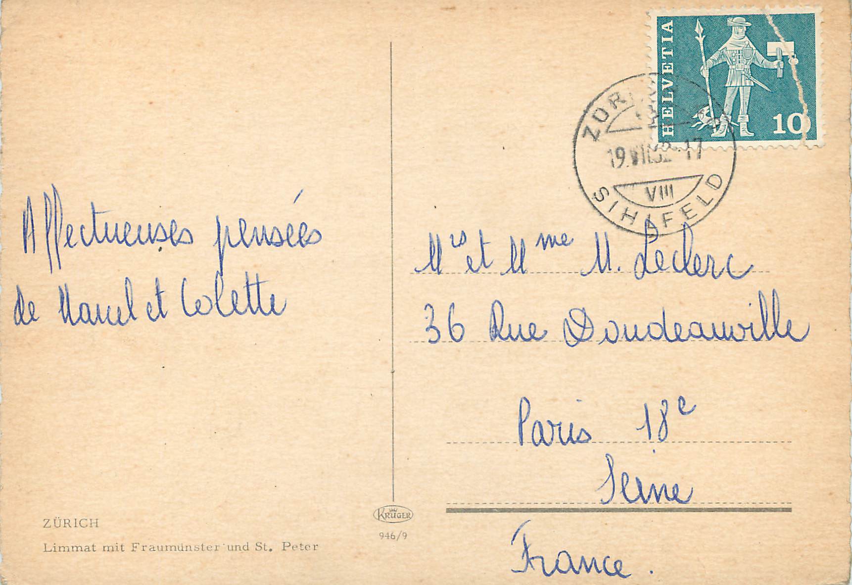 Zurich — Limmat mit Fraumünster und St. Peter — Krüger 946/9 — Rückseite