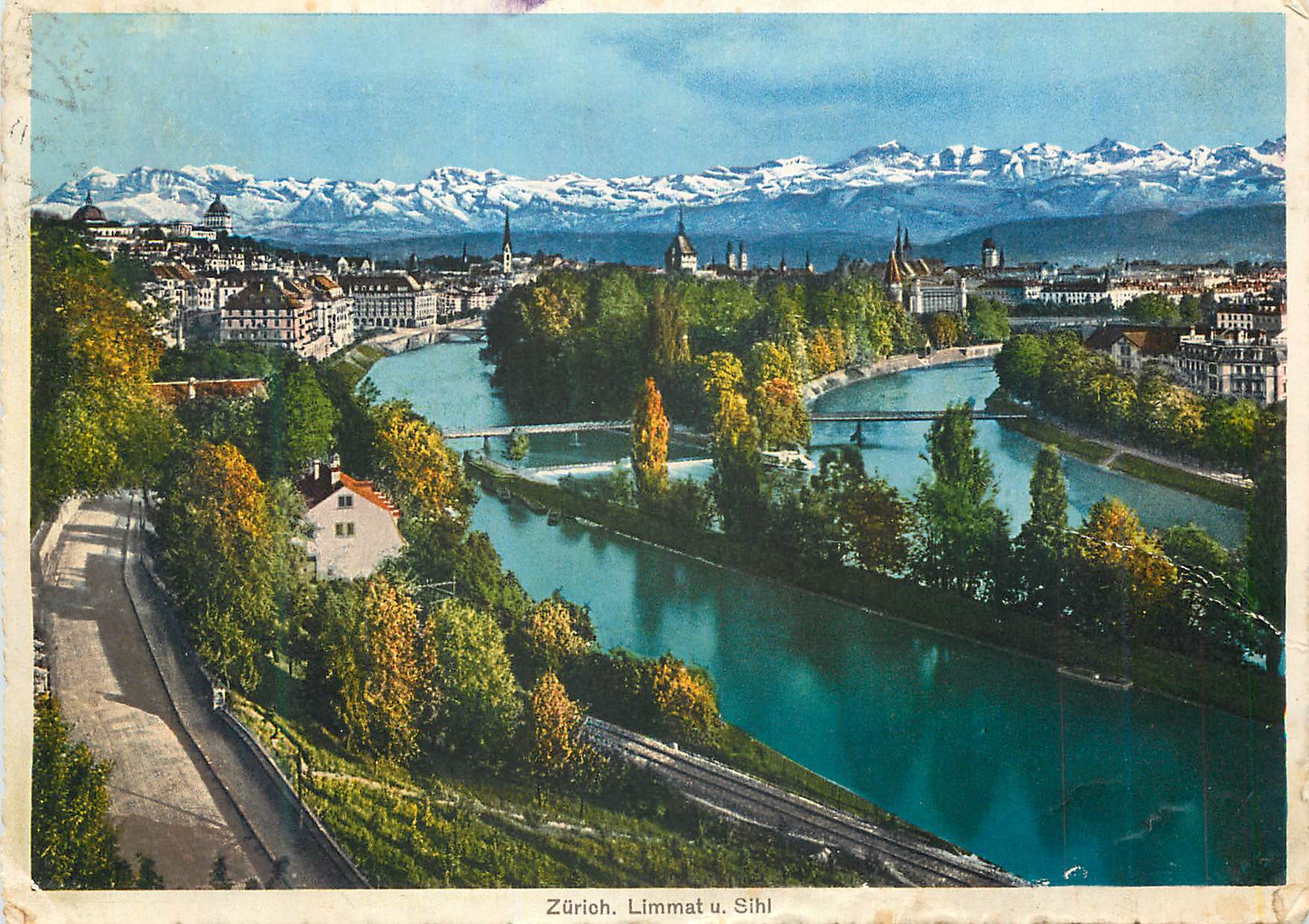 Zürich. Limmat und Sihl — Panoramablick mit schneebedeckten Bergen — Photoglob Zürich Nr. 432