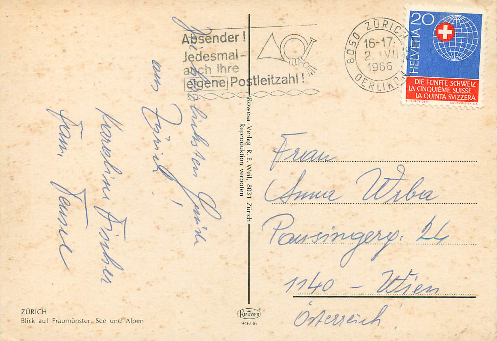 CPM Zurich Blick auf Fraumunster Absender Jedesmal auch hre eigene Postleitzaho — Verso