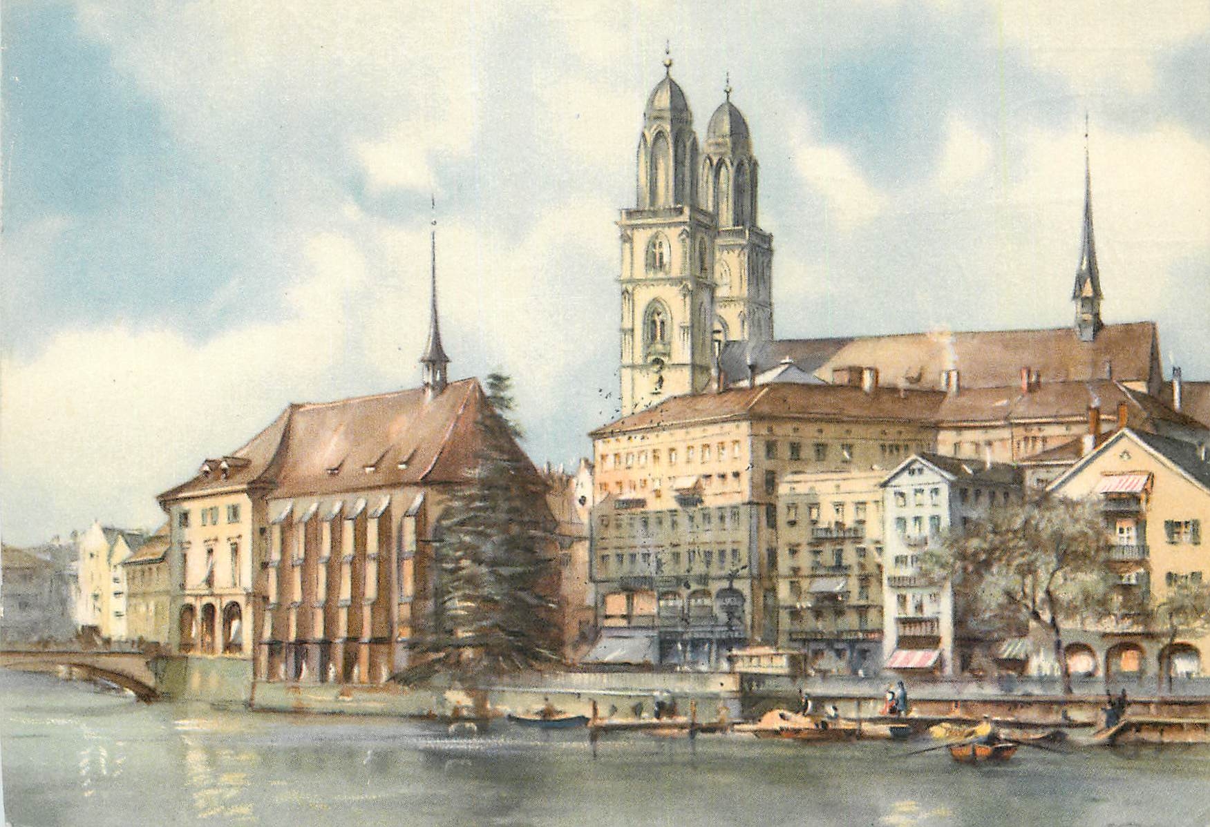 Vue de Zurich — cathédrale et quai — Hans Puff & Co. Knefneck