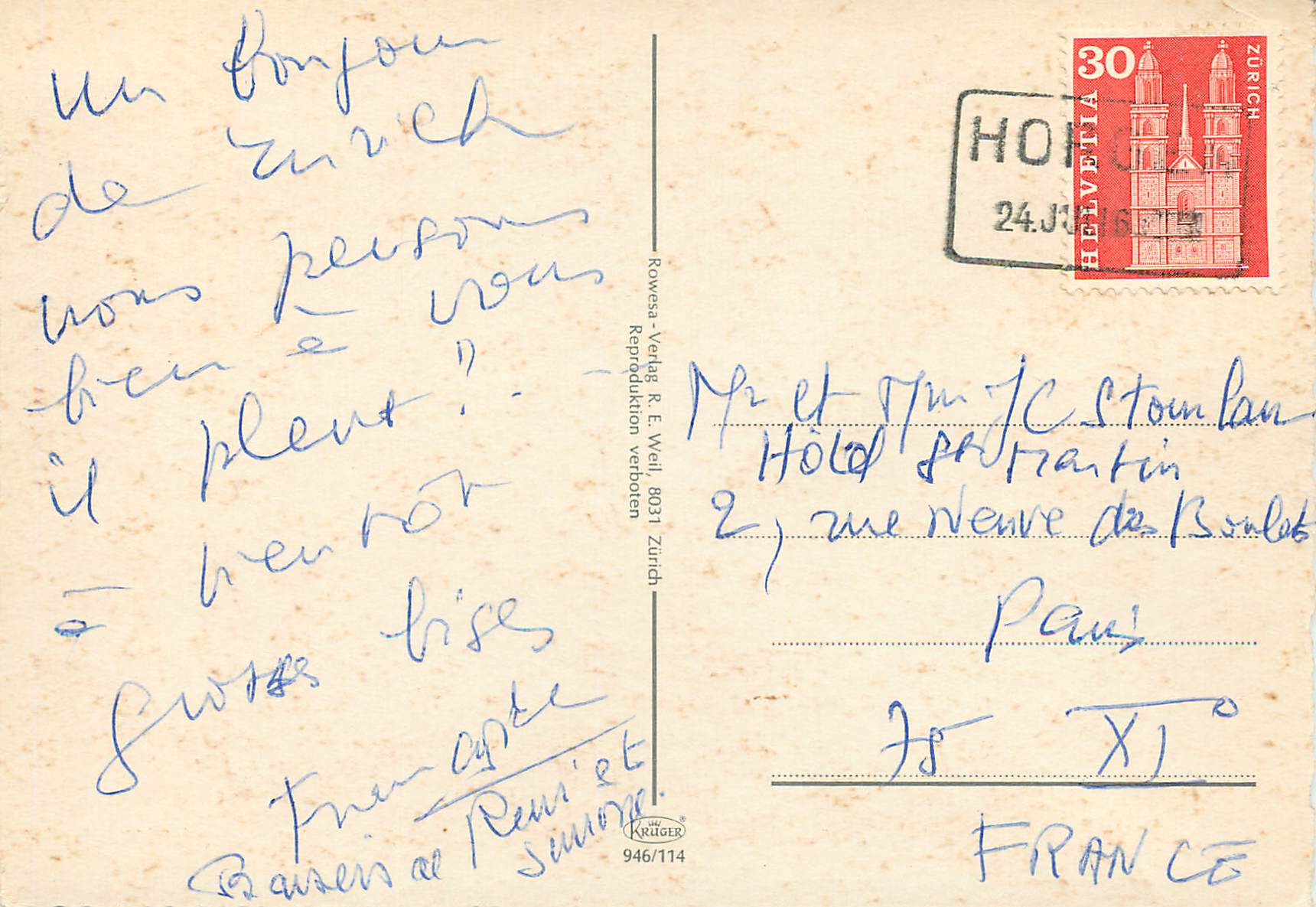 Zurich — vue panoramique — Rowesä-Verlag R. E. Weil — Rückseite