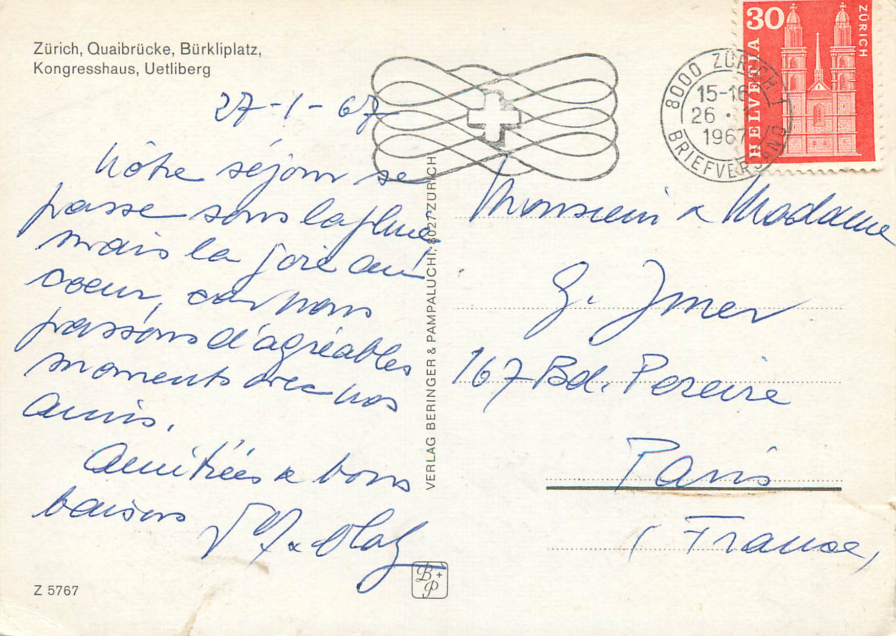 Vue de la Quaibrücke à Zurich — éditeur Verlag Beringer & Pampaluchi, n° Z 5767 — Reverso