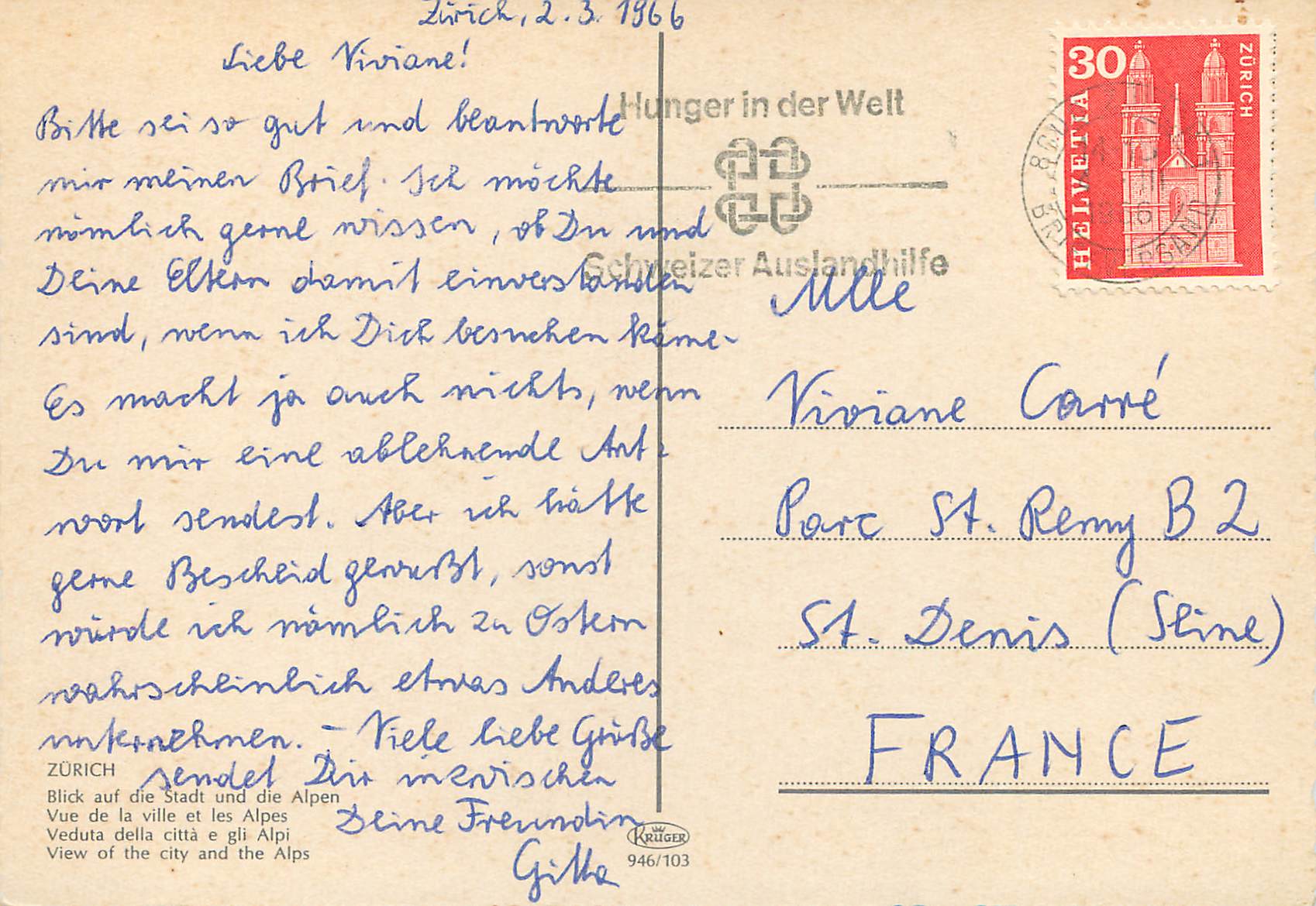 Zurich — vue de la ville et les Alpes — éditeur Krüger, n° 946/103 — Rückseite