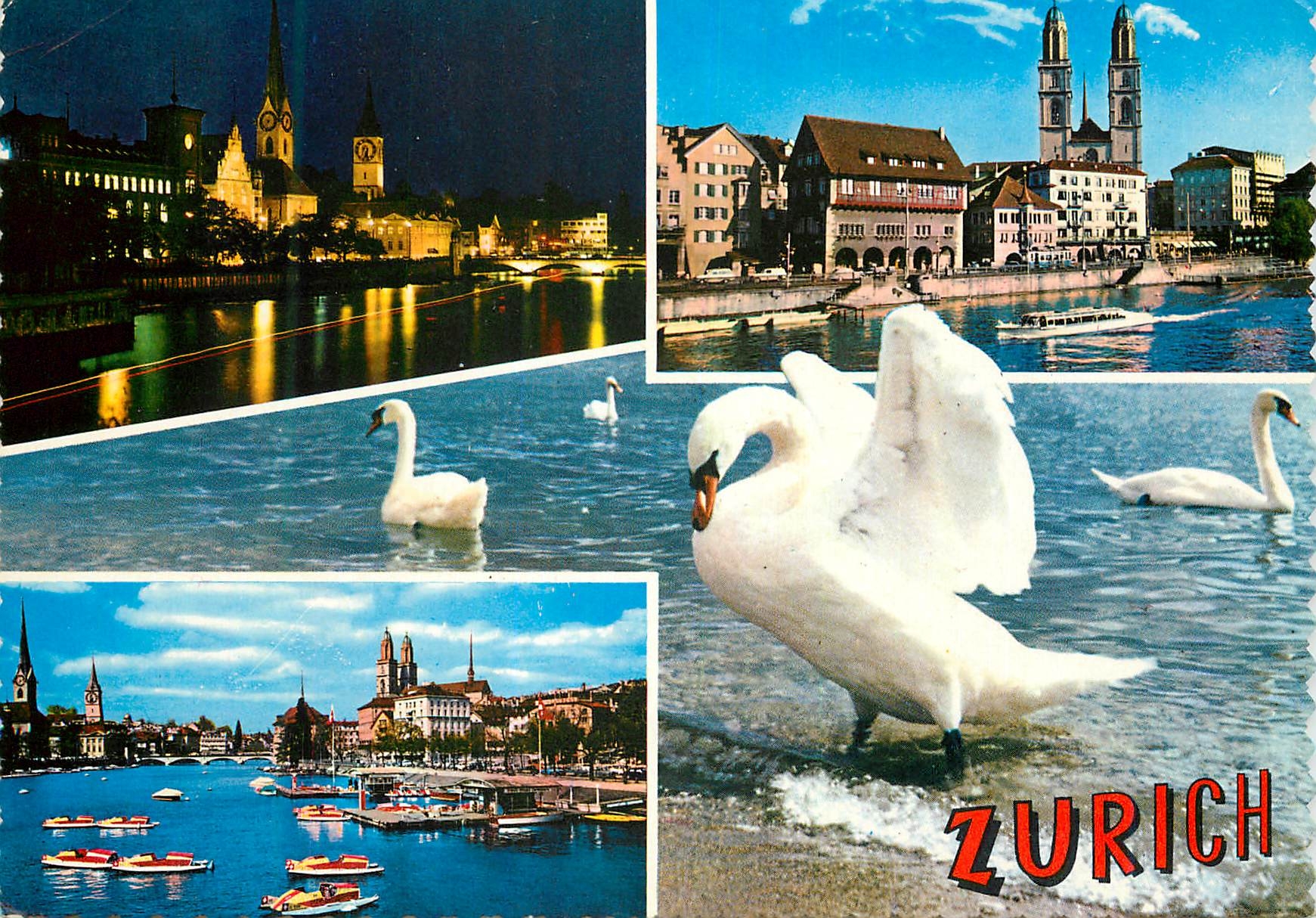 Zurich — vue nocturne et diurne avec cygnes — éditeur Kiosk A.G. Bern