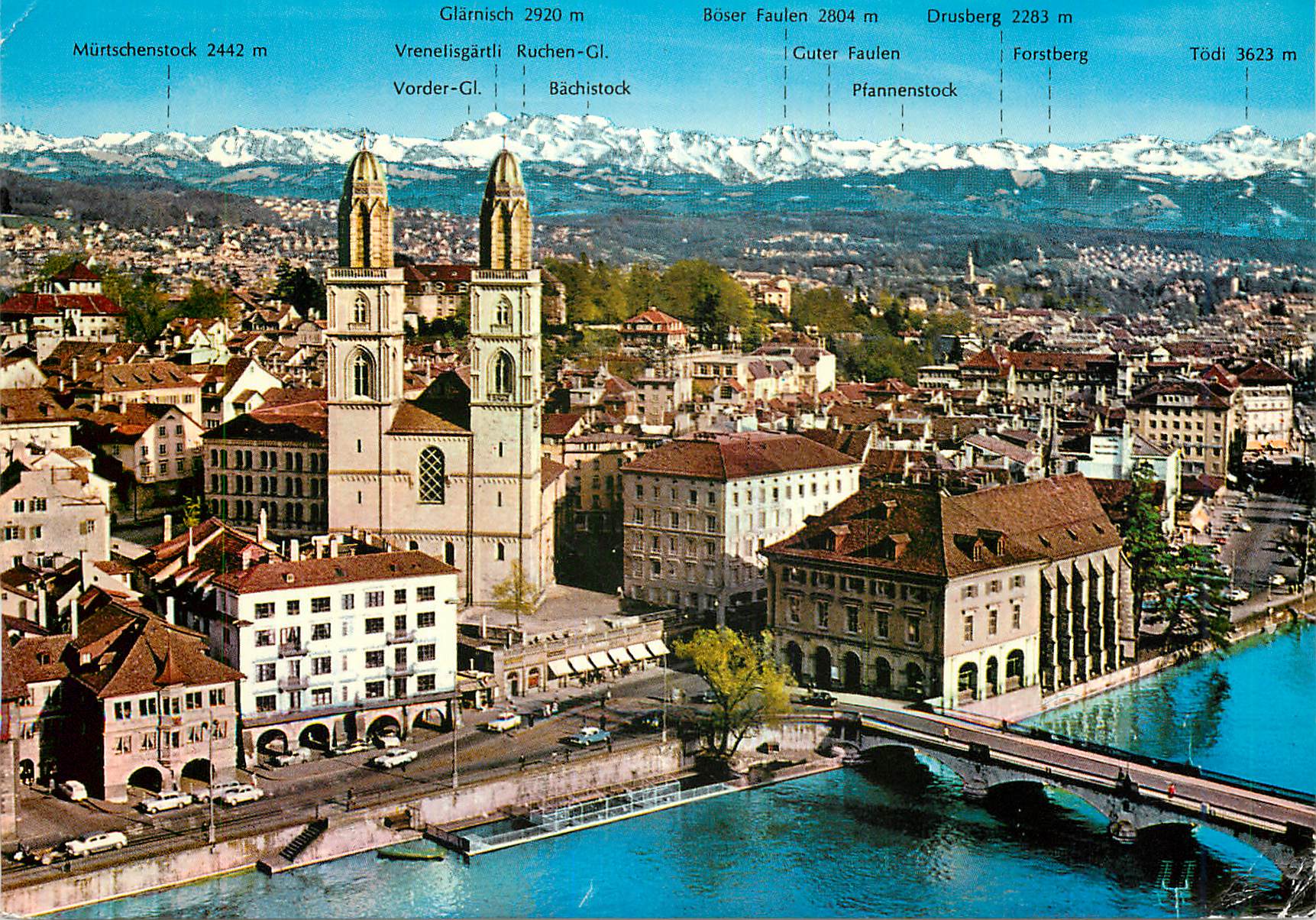 Vue de Zurich — Limmatquai avec Grossmünster et pont — éditeur Krüger, n° 946/35