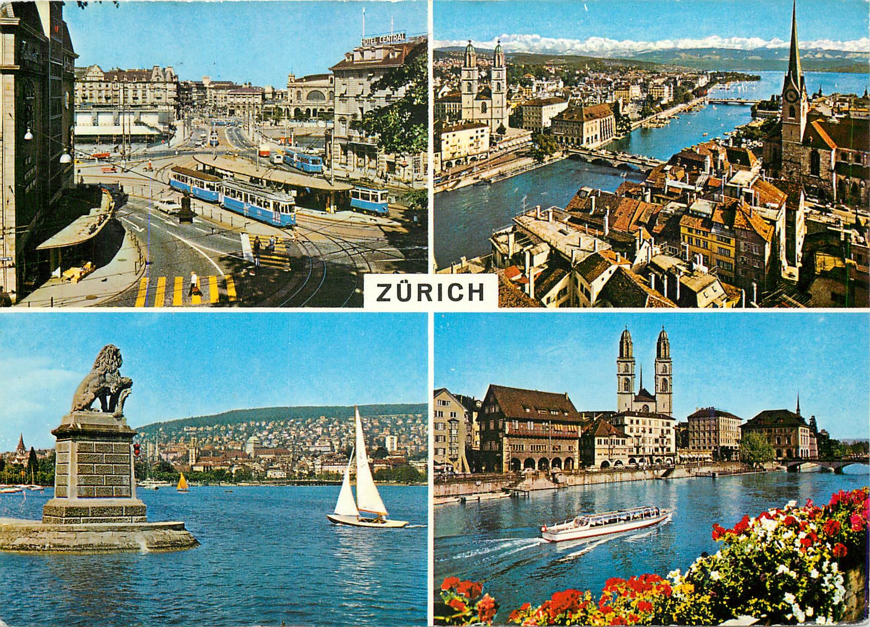 Zurich — vue panoramique avec tramway, lac, statue du lion et cathédrale — Photoglob-Wehrli AG, n°5187