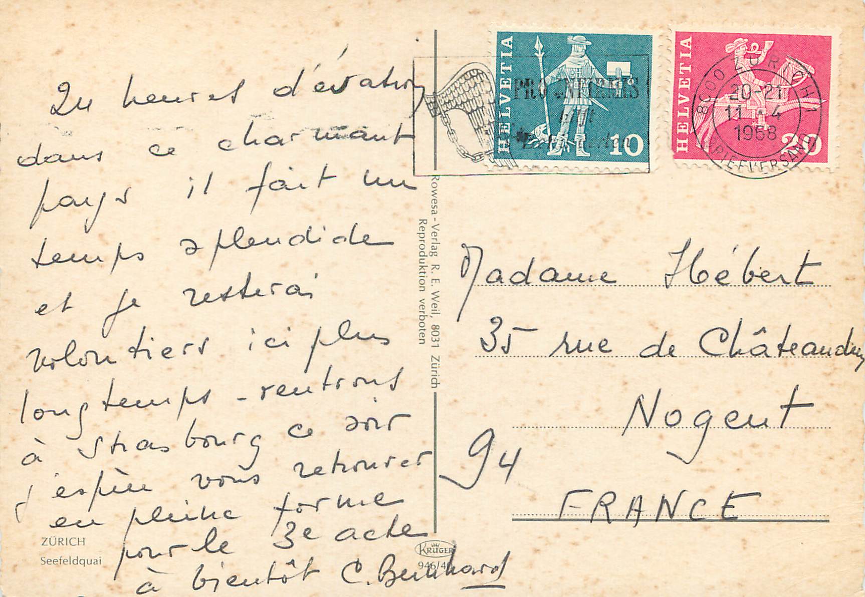 Vue de Zurich — lac et ville — éditeur Rowessa-Verlag R. E. Weil, n° 946/4 — Verso