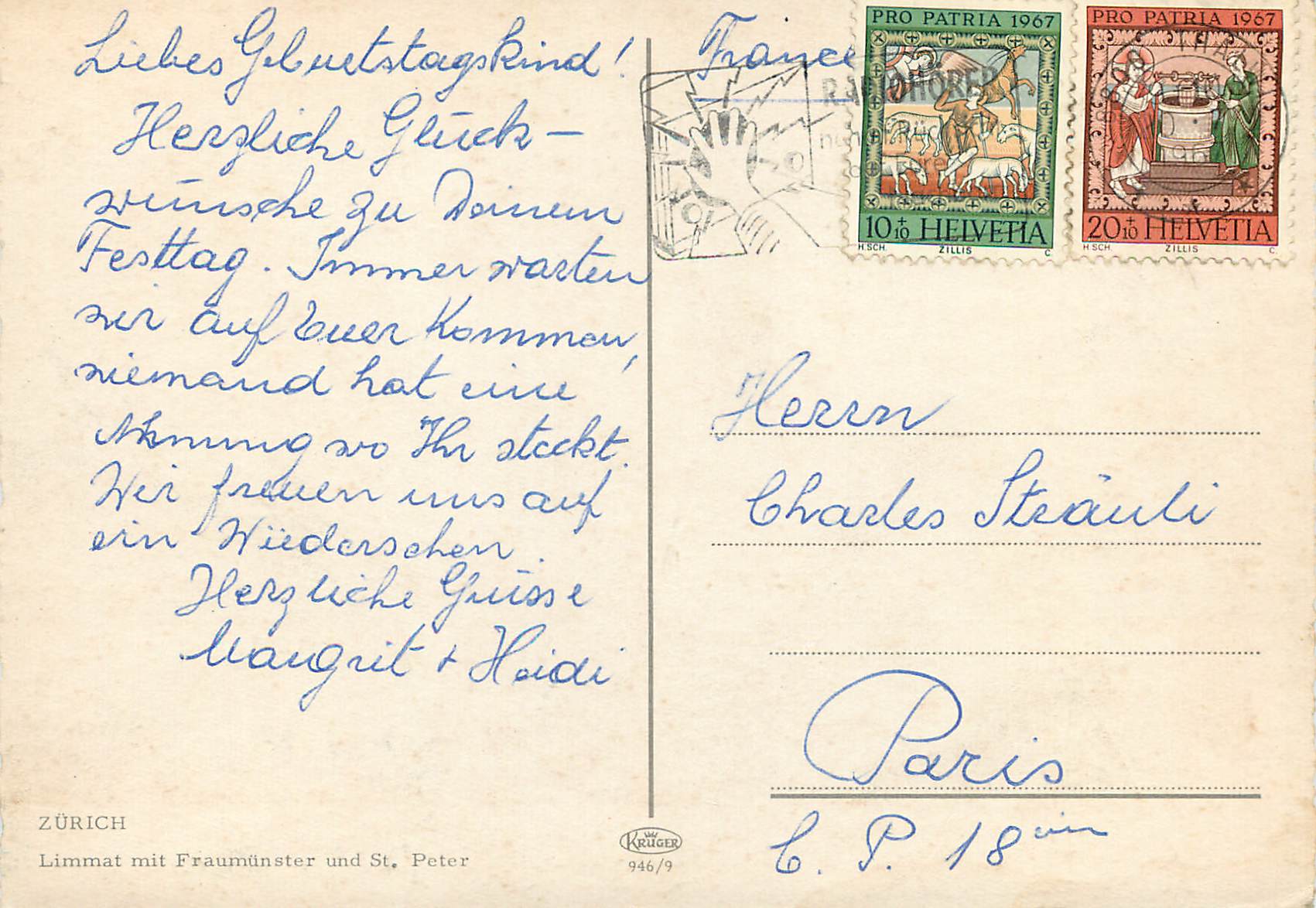 Zurich — Limmat mit Fraumünster und St. Peter — Krüger 946/9 — Rückseite