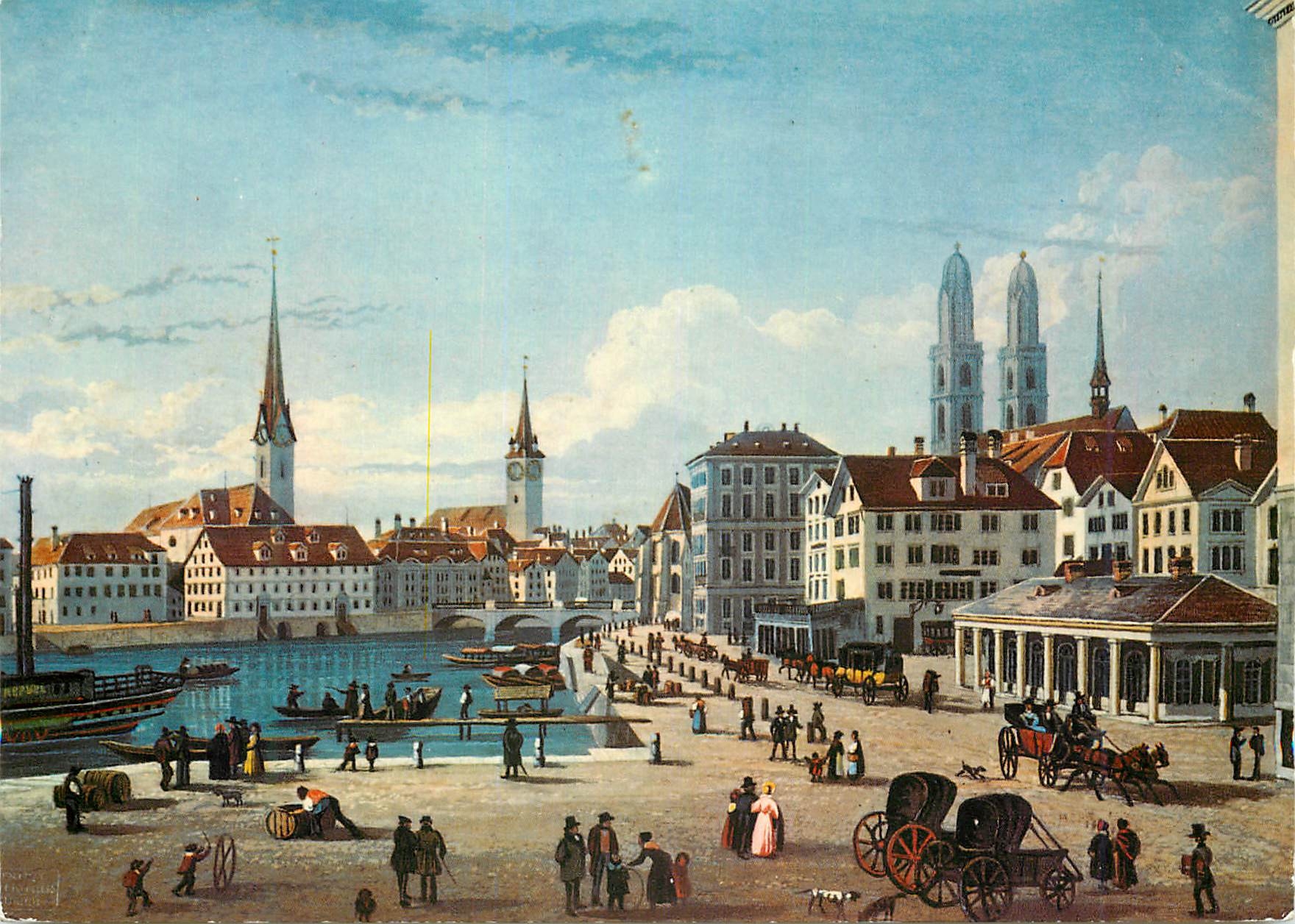 CPM Zurich Blich vom Bellevue im Vordergrund die Schifflande nach einem alten Stich von J Ruf gez vn F Schmid
