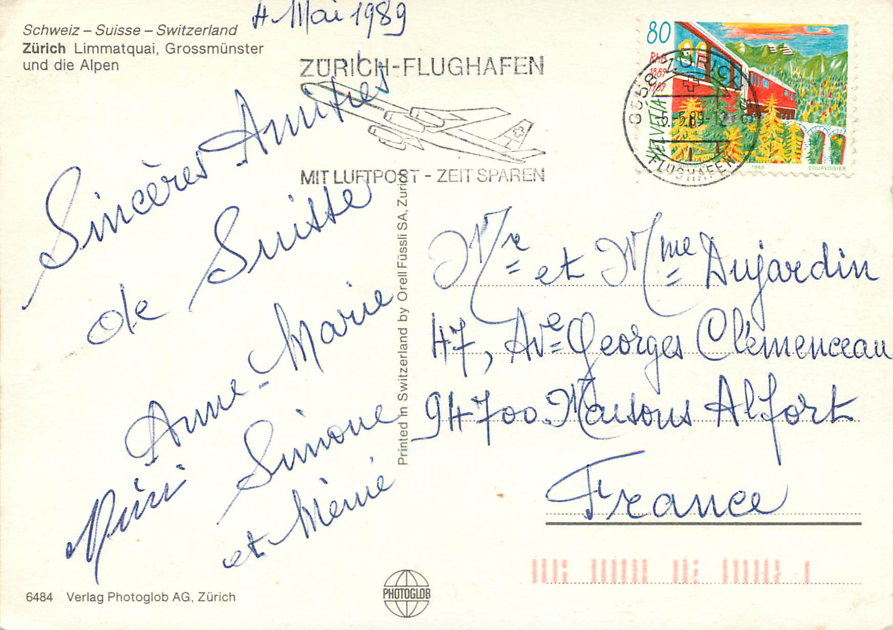 CPM Zurich Schweiz Suisse Switzerland Zurich Limmattquai Grossmunster und die Alpen Zurich Flughafen Mit Luftpost Zeit s — Rückseite