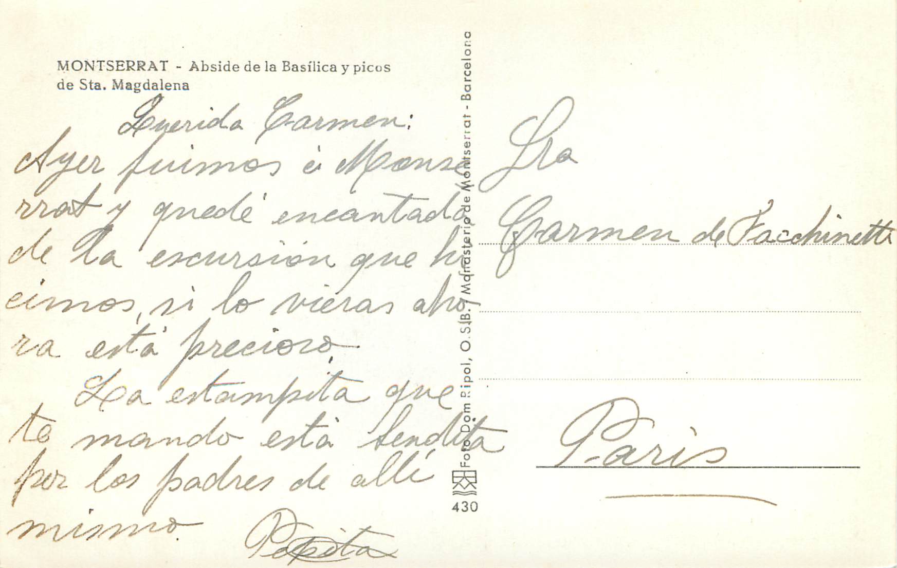 CPM Montserrat Abside de la Basilica y picus de Sta Magdalena — Rückseite