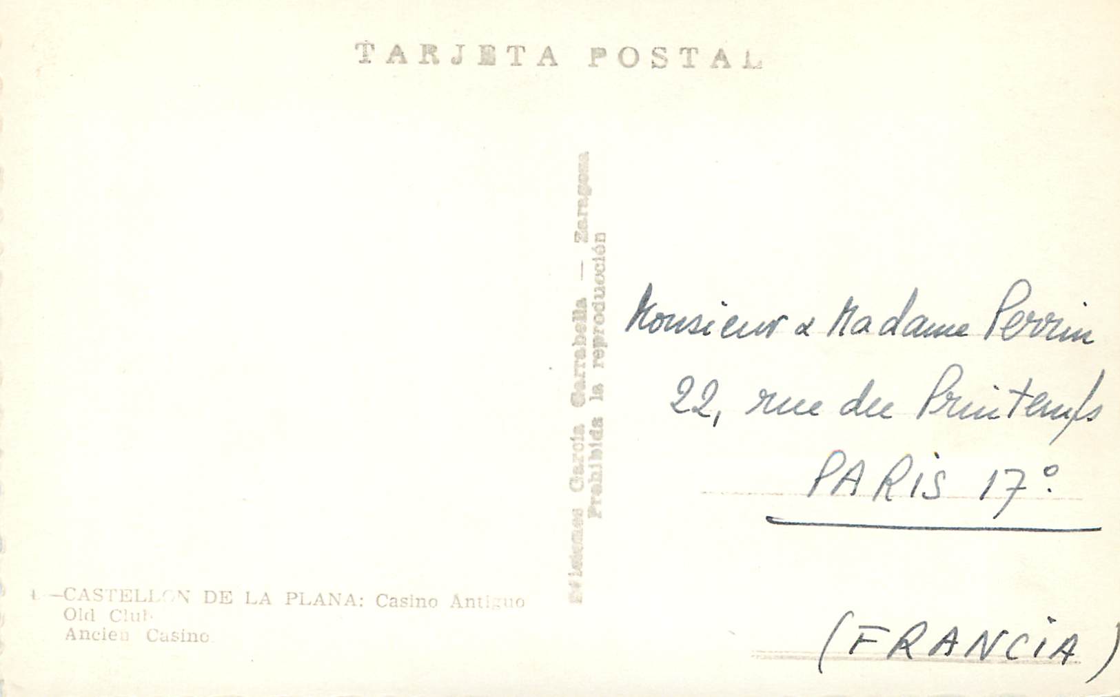 CPM Tarheta Postal Castellon de la Plana Casino Ancien Casino — Rückseite