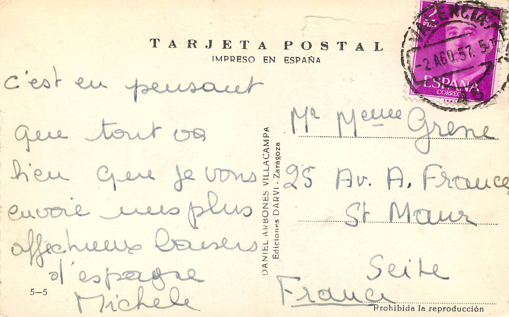 CPM Valencia Torres de Cuarte Calle San Vicente Miguelete El Saler Los Viveros Daniel Arbones Villacampa Tarjeta Postal  — Rückseite