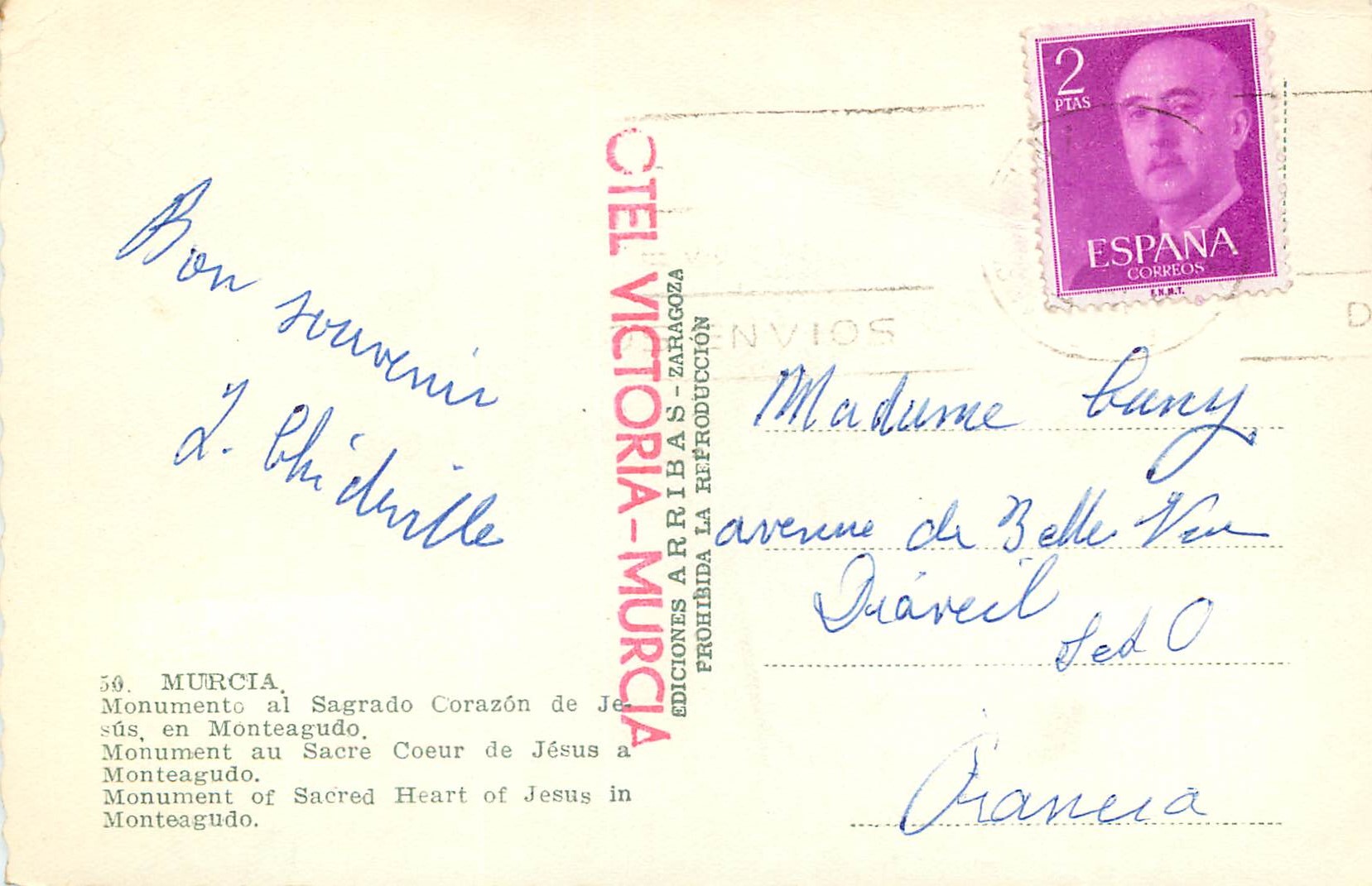 CPM Murcia Monument al Sagrado de Jesus en Monteaguido Monument au Sacre Coeur de Jesus a Monteaguido Ediciones Arribas  — Back