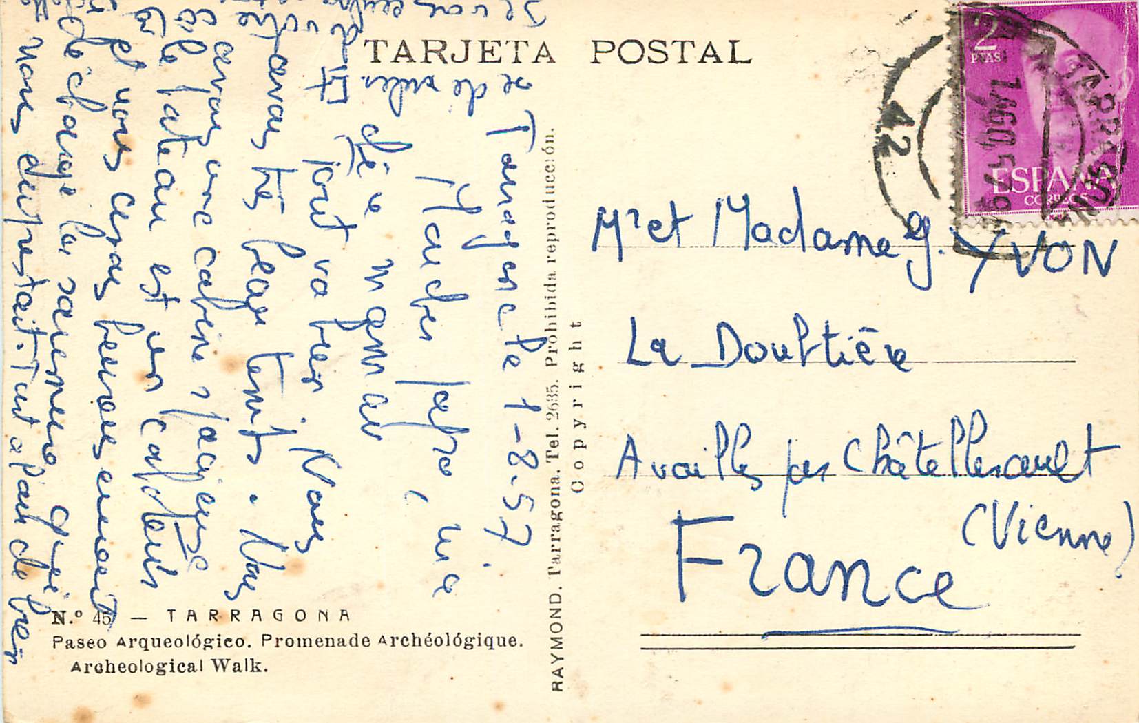 CPM Tarragona Paseo Arquelogeio Promenade Arqeologique Raymond Tarragona Tel Prohibida reproduccion Tarjeta Postal — Rückseite