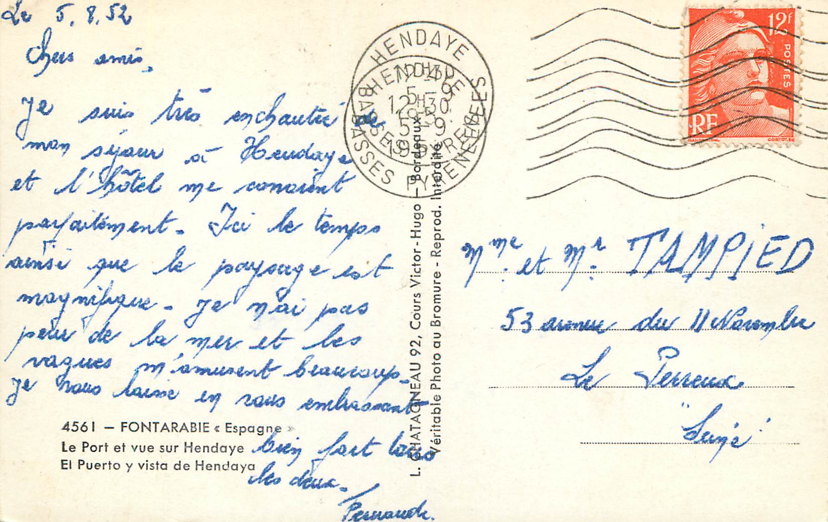 CPM Elce Fontarabie Espagne Le Port et vue sur Hendaye El Puerto y vista de Handaya L Chatagneau Cours Victor Hugo Borde — Verso
