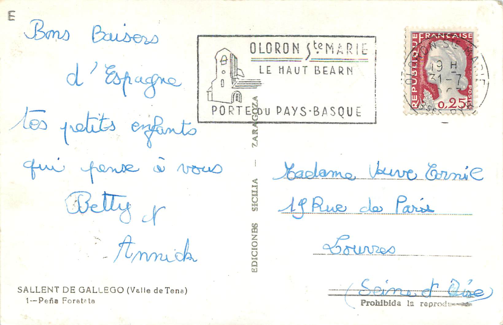 CPM Sallent de Gallego Valle de Tena Pefia Foreteta Oloron Ste Marie Le Haut Bearn Porte Du Pays Basque Ediciones Sicill — Back