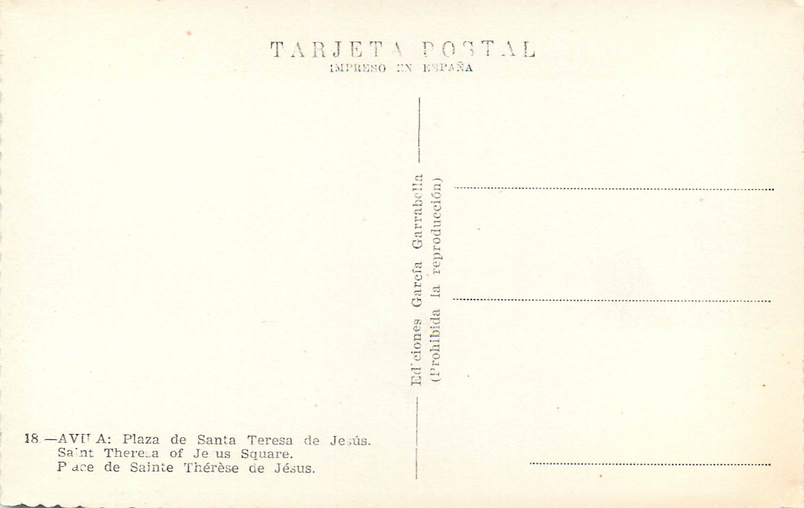 CPM Avila Plaza de Santa Teresa de Jesus Place de Sainte Therese de Jesus Tarjeta Postal Impreso en Espana Ediciones Gar — Rückseite