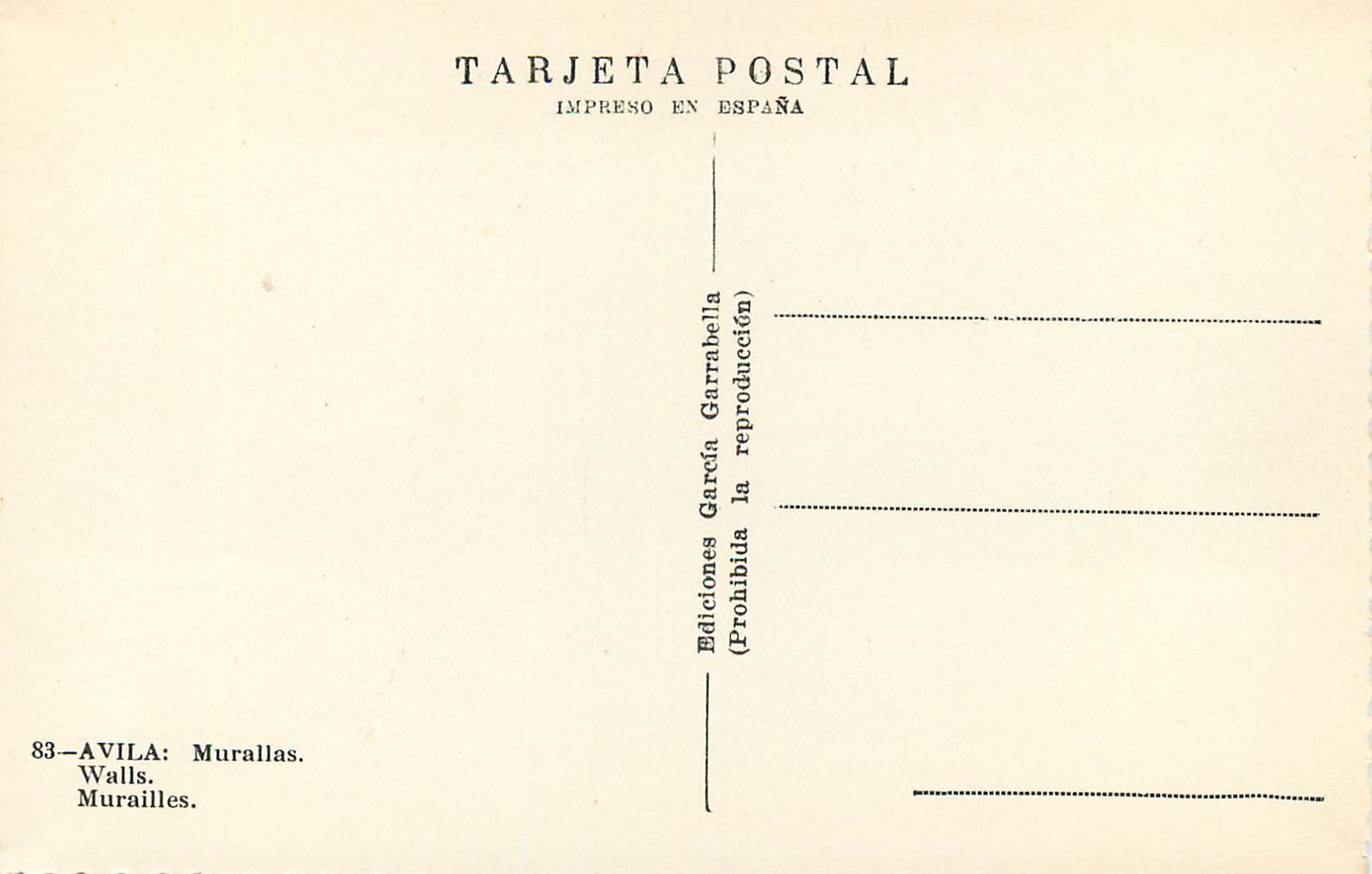 CPM Avila Murallas Murailles Tarjeta Postal Impreso en Espana Ediciones Garcia Garabellla Prohibida la reproduccion — Rückseite