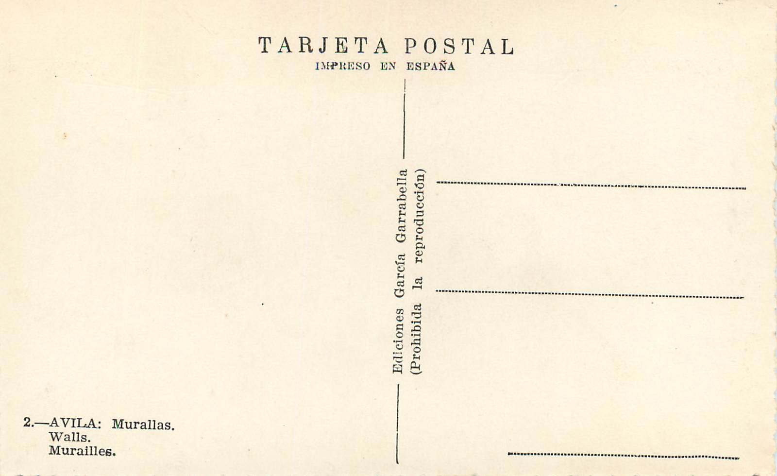 CPM Avila Murallas Murailles Tarjeta Postal Impreso en Espana Ediciones Garcia Garabellla Prohibida la reproduccion — Rückseite