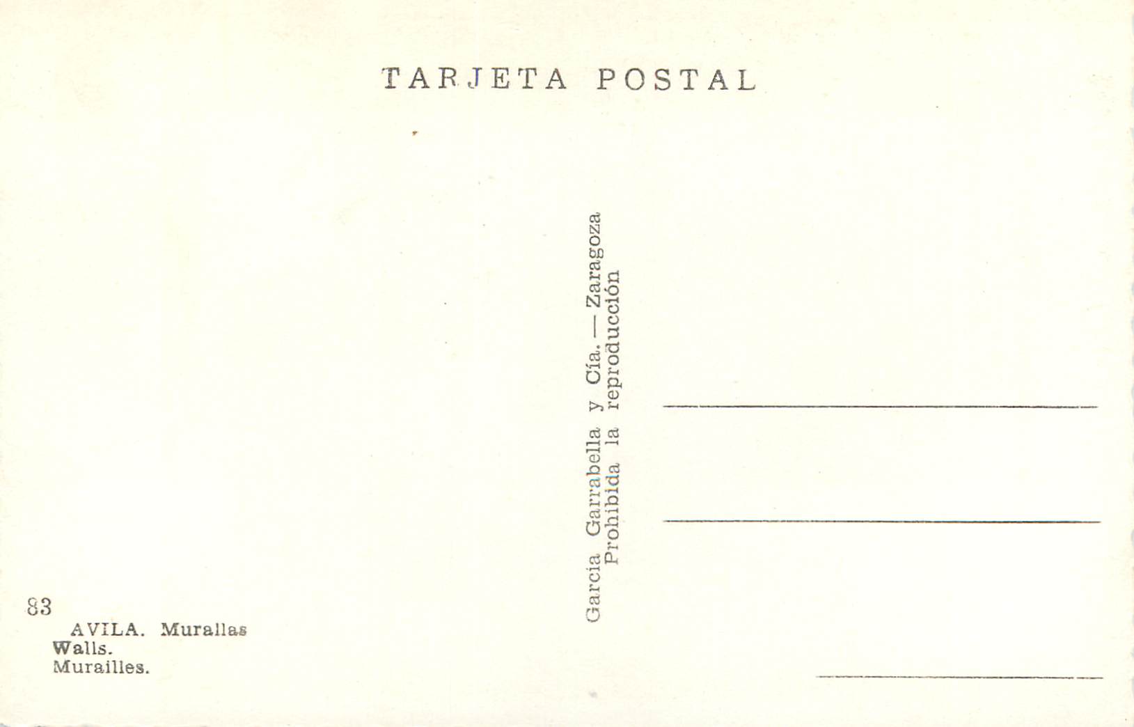 CPM Avila Muraillas Mura Murailles Tarjeta Postal Garcia Garabella Zaragoza Prohibida la reproduccion — Back