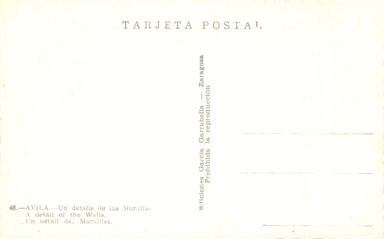 CPM Avila Un detalle de las Muraillas Un detail de Murailles Tarjeta Postal Ediciones Garcia Garabella Zaragoza Prohibid — Rückseite