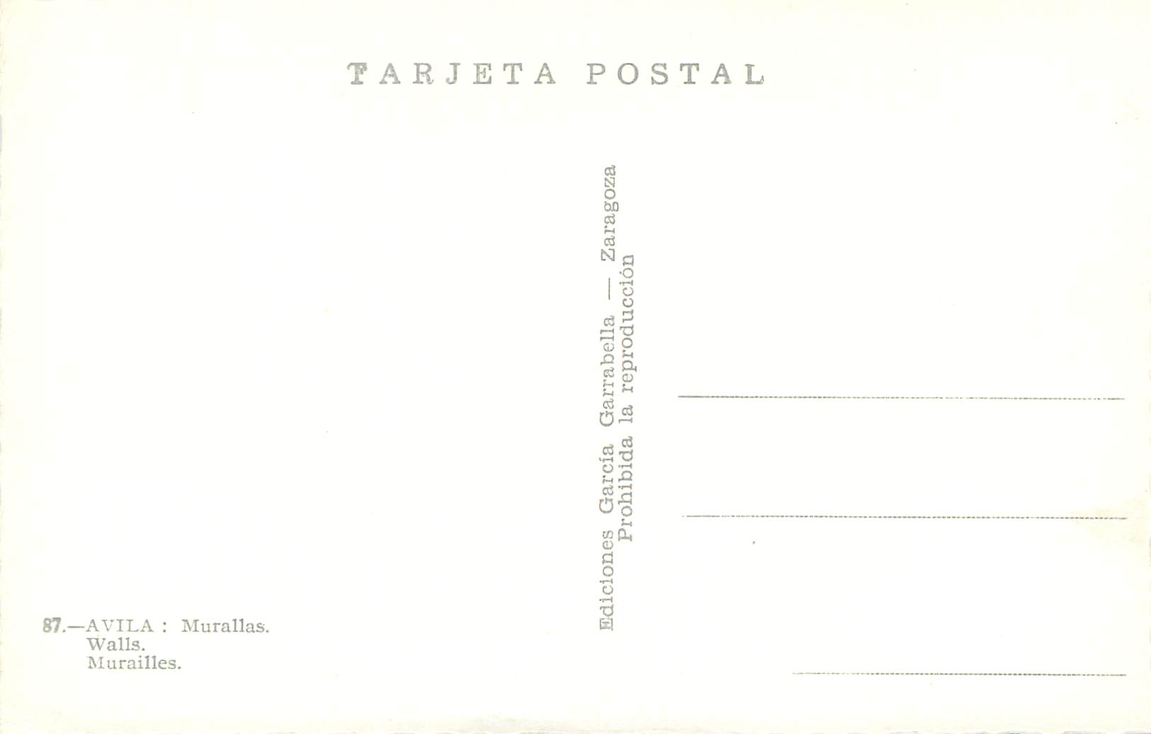 CPM Avila Muraillas Murailles Terjeta Postal Ediciones Garcia Garabella Zaragoza Prohibida reproduccion — Back