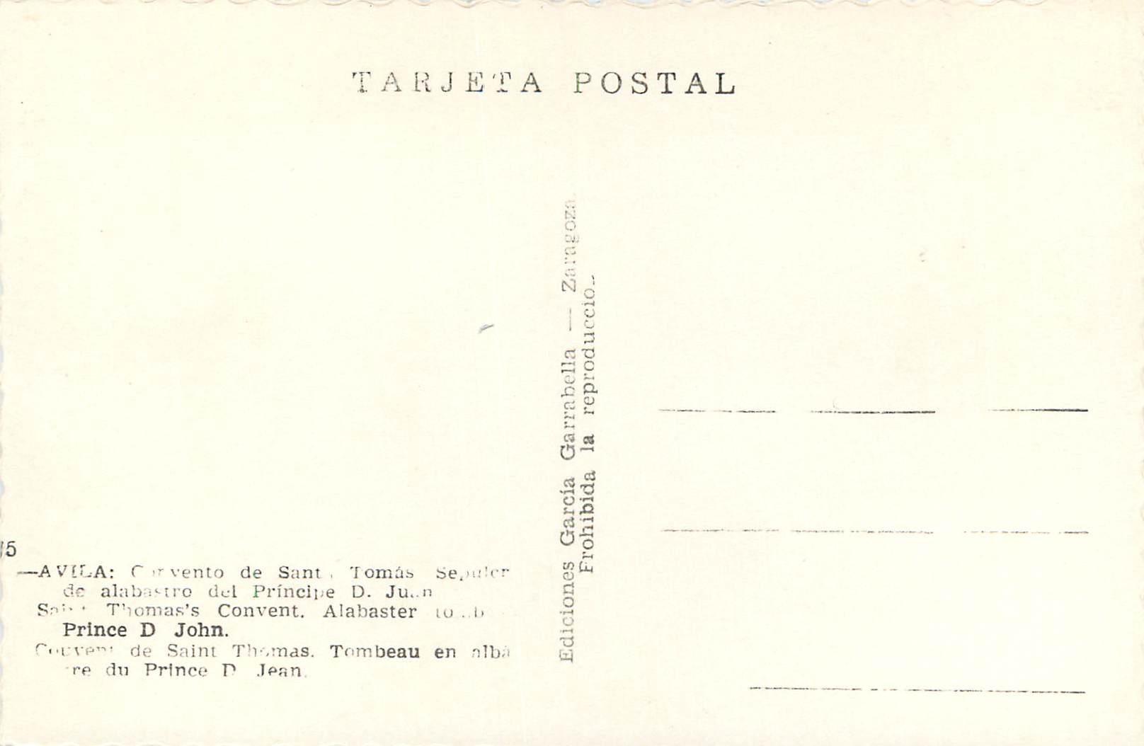 CPM Avila Convento de Santo Tomas Sepuler de alabastro del Principe D Juan Couvent de Saint Thomas Tombeau en alba re du — Rückseite