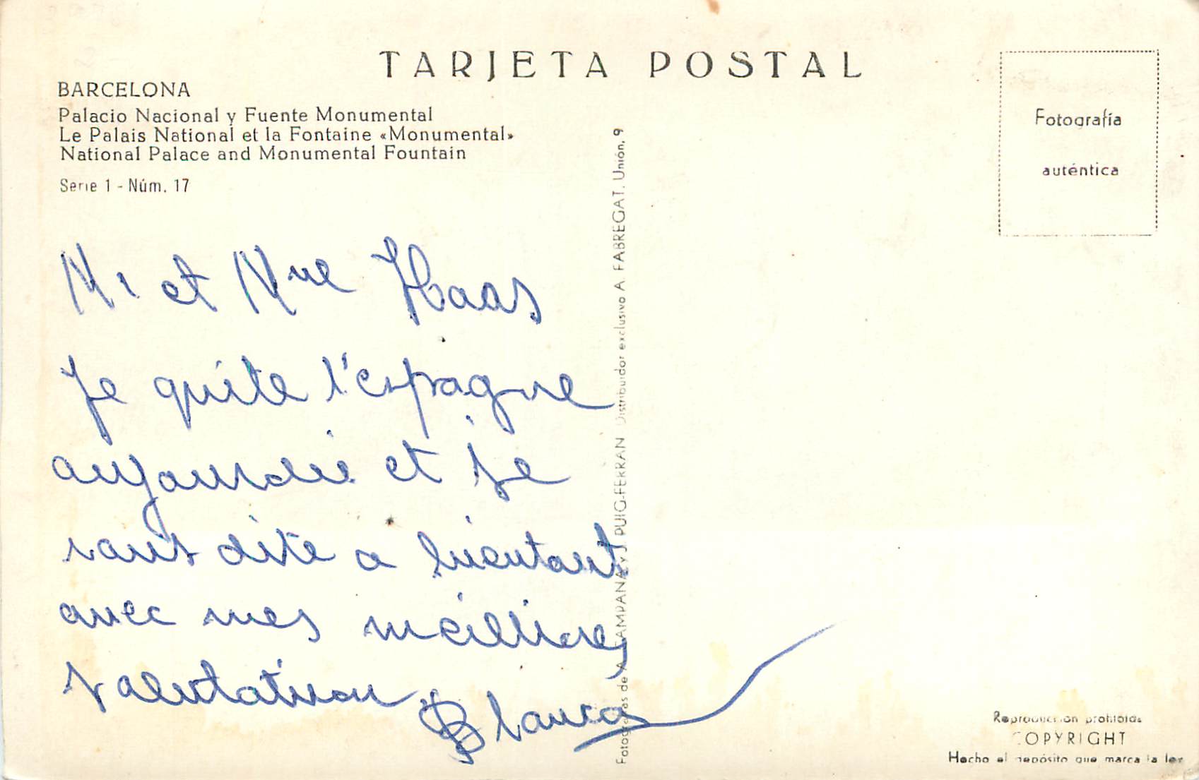 CPM Barcelona Palacio National y Fuente Monumental Le Palais National et la Fontaine Monumental Tarjeta Postal — Rückseite