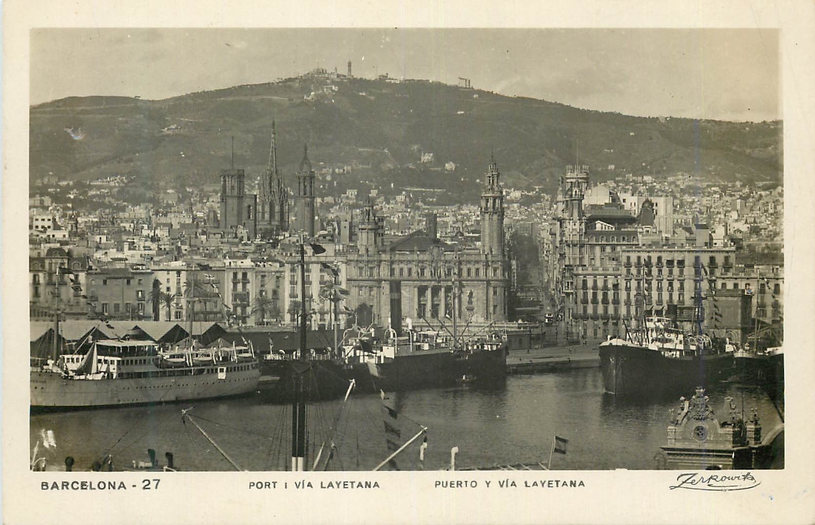 CPM Barcelona Port I via Layetana Puerto y via Layetana Talleres Zerkowitz Fotografo Barcelona Bateaux