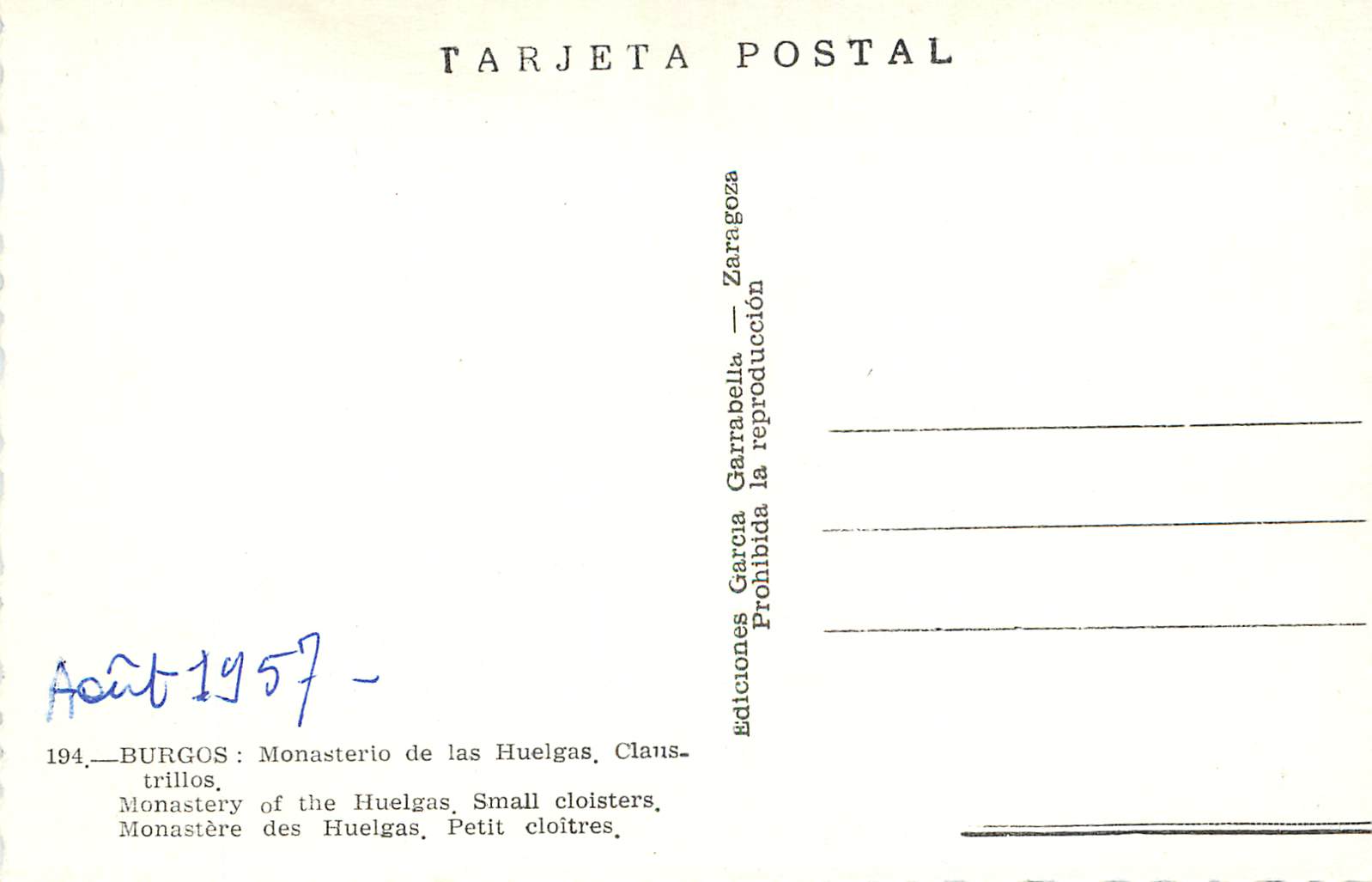 CPM Burgos Monasterio de las Huelgas Claustrillas Monastere des Huelgas Petit cloitres Ediciones Garcia Garabella Prohib — Rückseite
