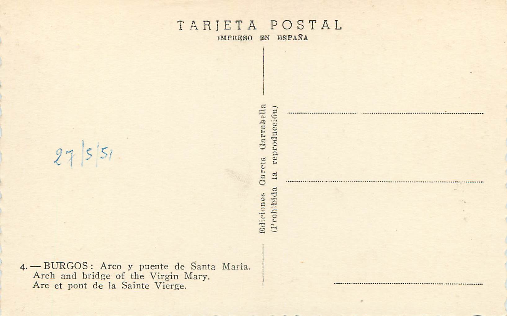 CPM Burgos Arco y puene de Santa Maria Arc et point de la Sainte Vierge Ediciones Garcia Garabella Prohibida la reproduc — Rückseite