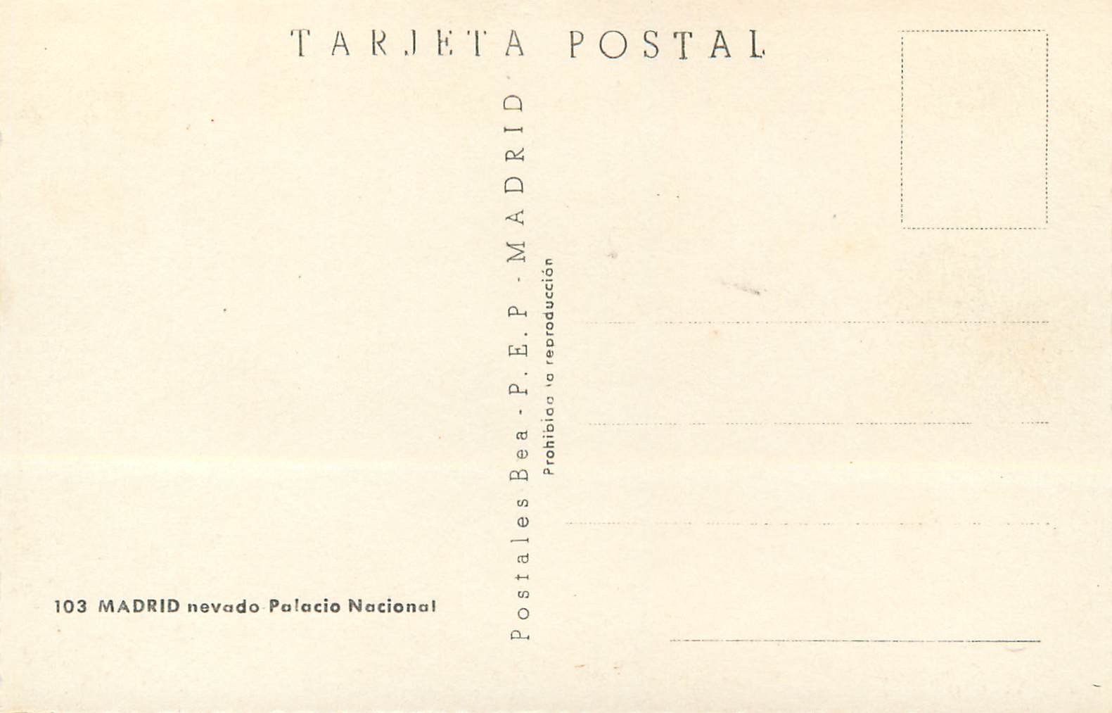 CPM Madrid nevada Palacio Nacional Postales Bea Pep Madrid Prohibida la reproduccion Tarjeta Postal — Rückseite