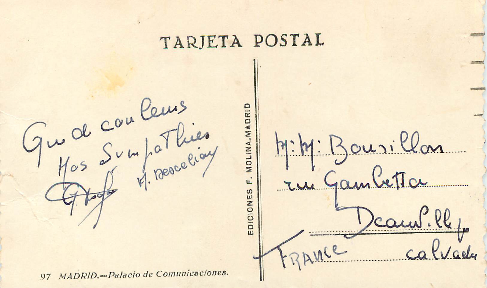 CPM Madrid Palacio de Comunicaciones Tarjeta Postal Ediciones F Molina Madrid — Back