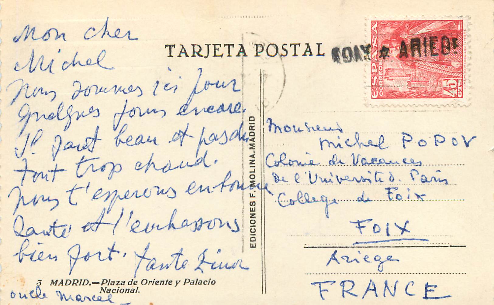 CPM Madrid Plaza de Oriente y Palacio Nacional Ediciones F Molina Madrid Tarjeta Postal — Rückseite