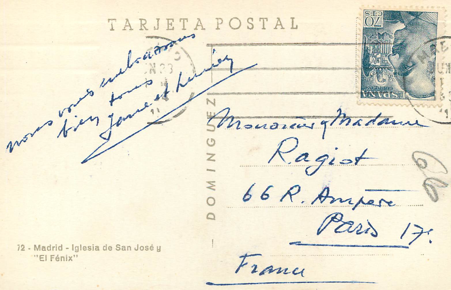 Madrid — rue avec le Banco de Vizcaya — éditeur 'El Fénix' n°72 — Rückseite