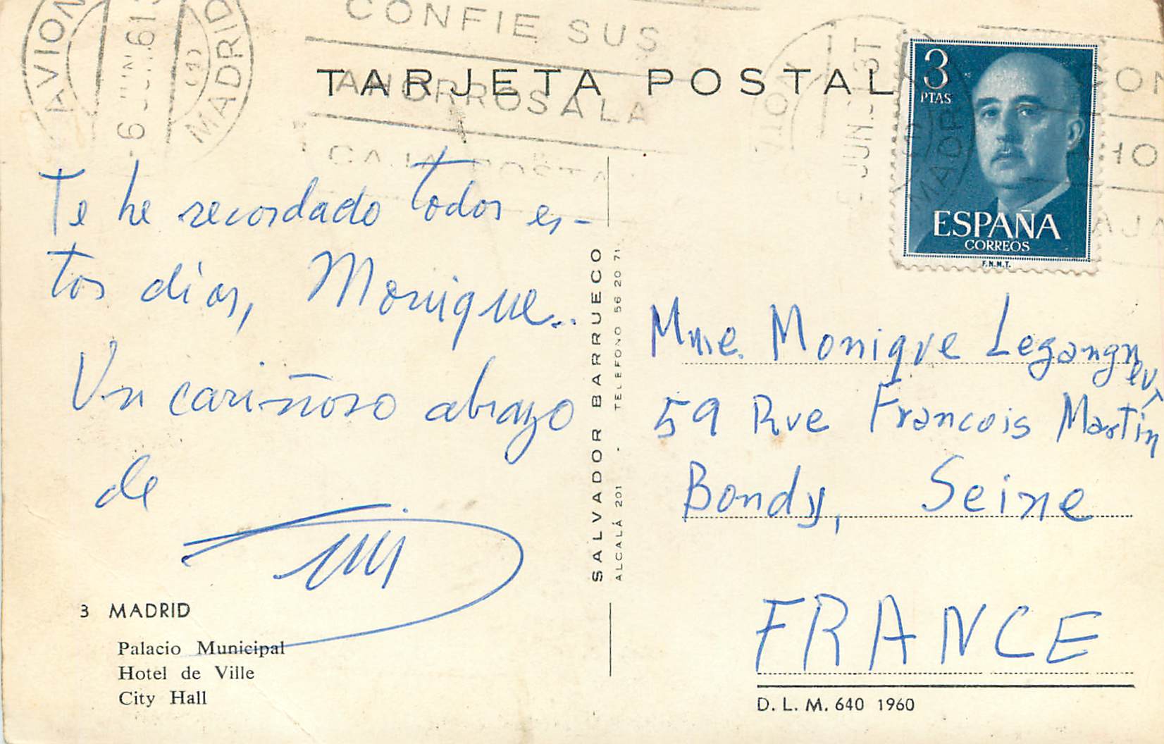 Madrid — Palacio Municipal — Hotel de Ville — éditeur Tarjeta Postal — Rückseite