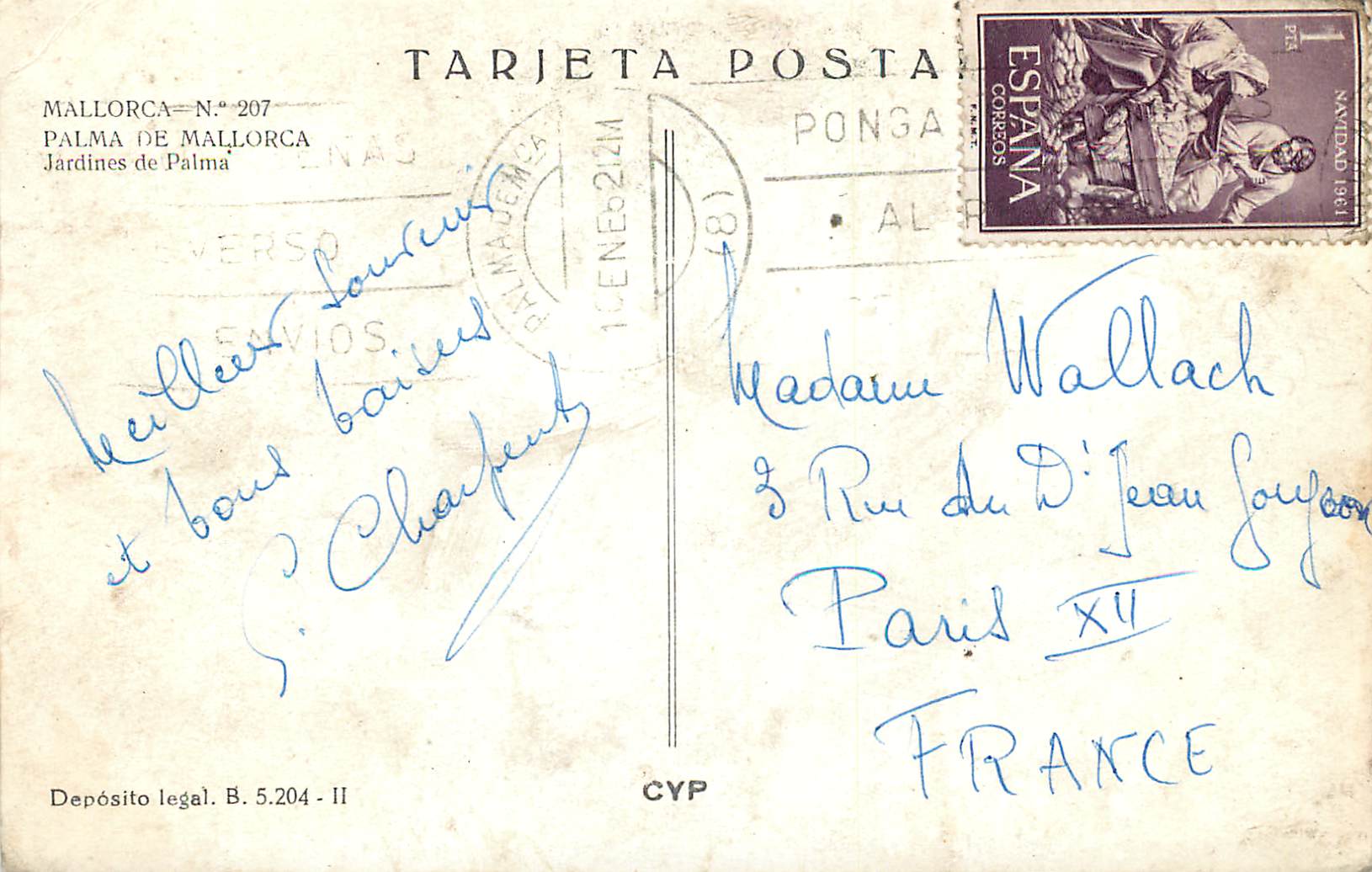 CPA Mallorca Palma de Mallorca Jardines de Palma Deposito Legal Tarjeta Postal 11 Ene 52 12M — Rückseite