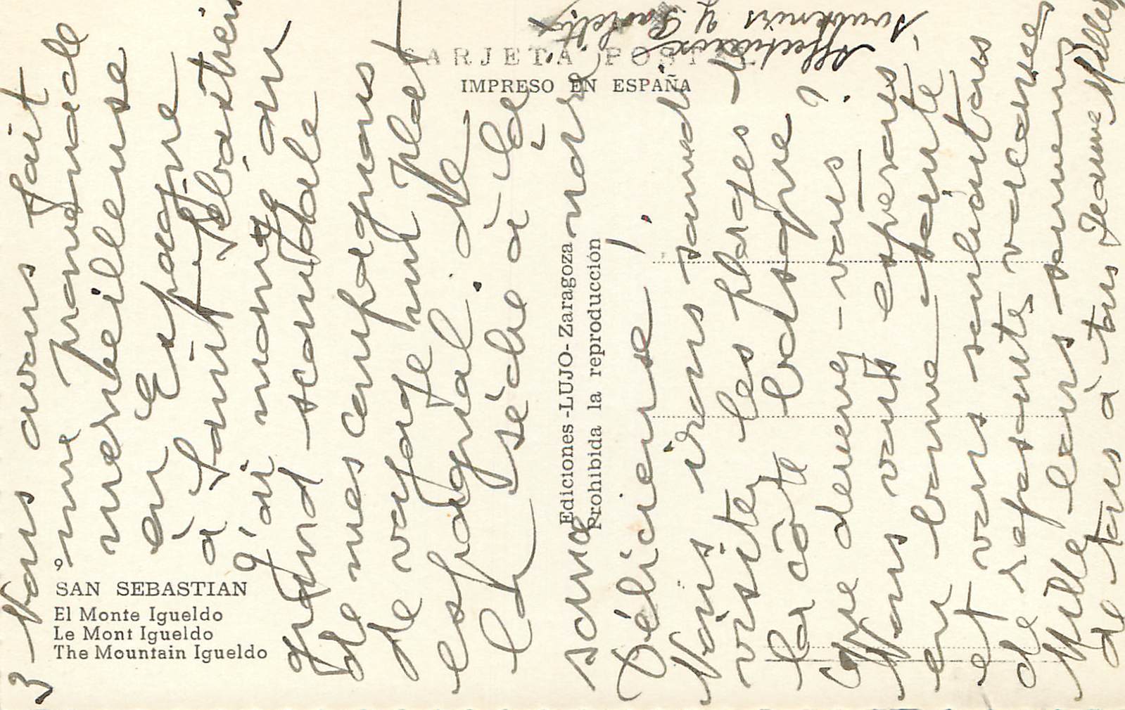 CPA San Sebastian El Monte Igueldo Le Mont Igueldo Tarjeta Postal Impreso en Espana Ediciones Lujo Zaragoza Prohibida la — Verso