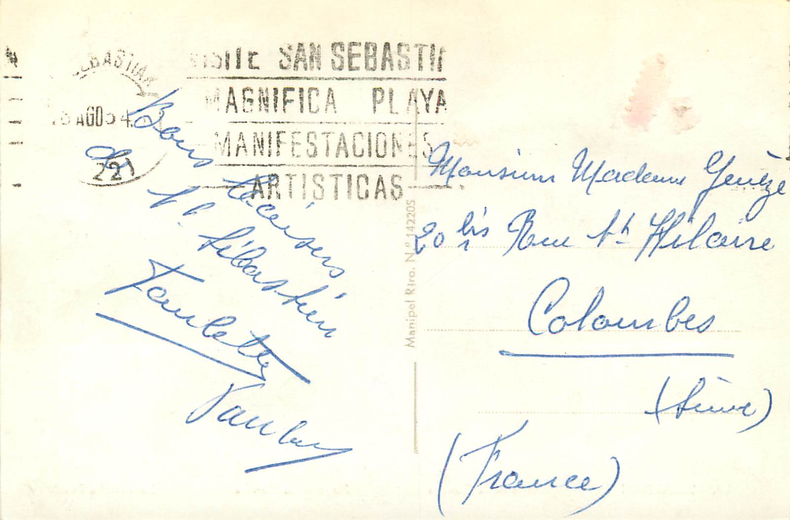 San Sebastián — Playa de la Concha — éditeur Manipel Ríto, N° 42205 — Verso