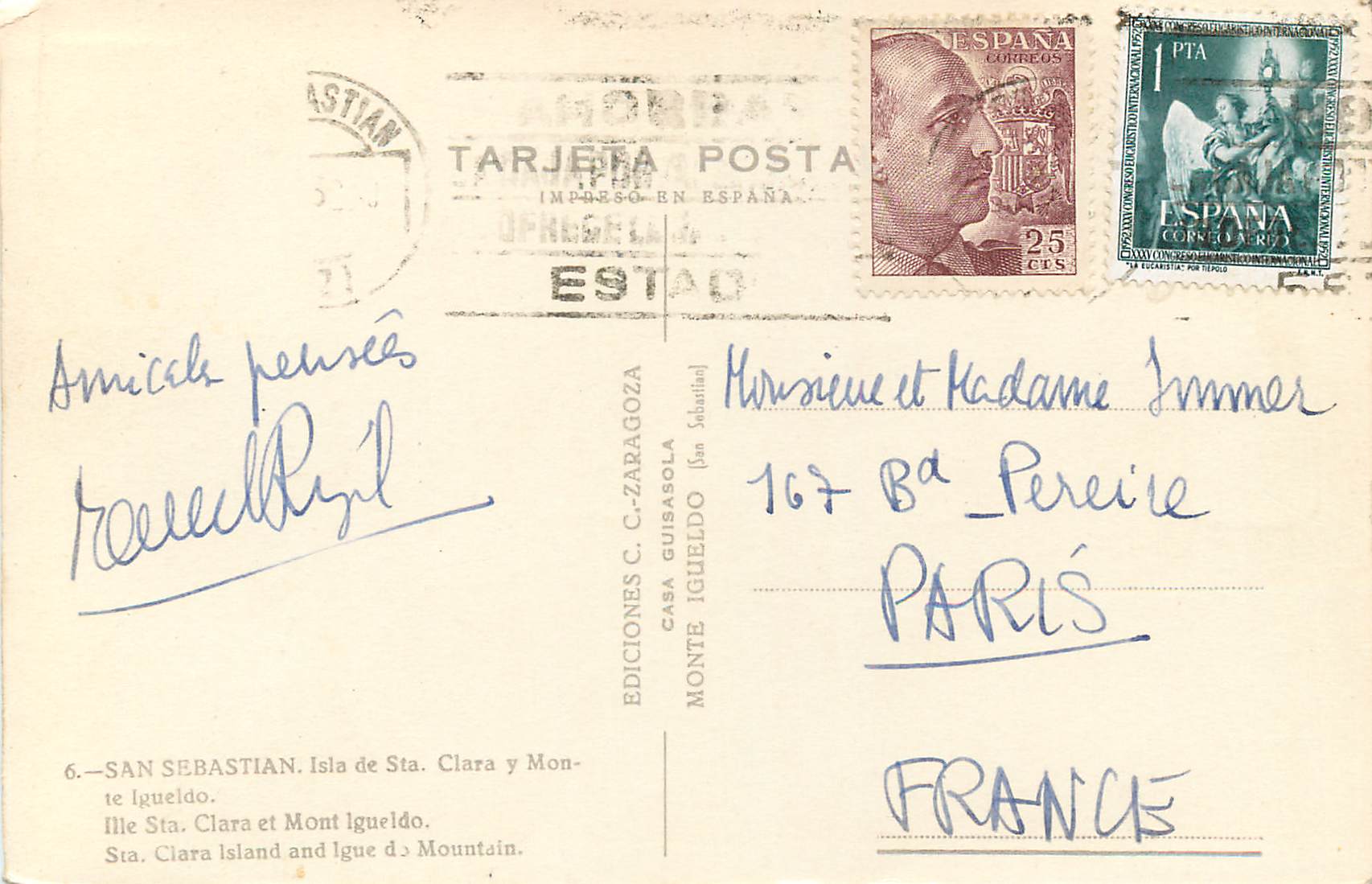 CPA San Sebastian Isla de Sta Clara y Monte Igueldo Ille Sta Clara et Mont Igueldo Ediciones C C Zaragoza Casa Monte Igu — Rückseite