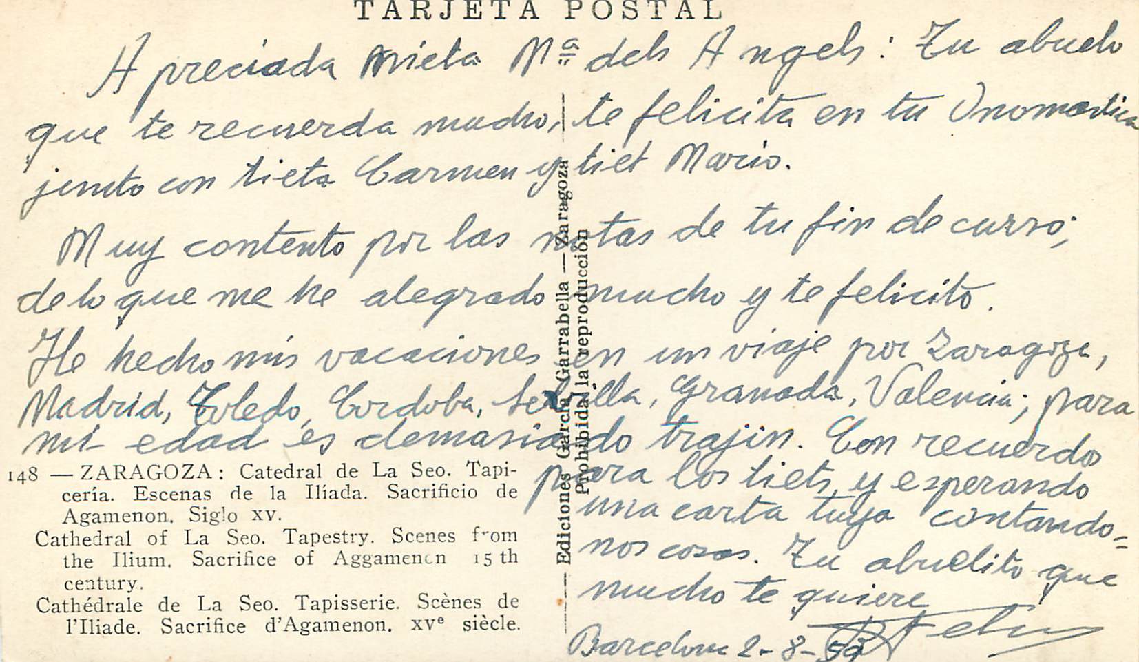 CPA Zaragoza Catedral de La Seo Tapiceria Escenas de la Iliada Sacrificio de Agamenon Siglo xv Cathedrale de la Seo Tapi — Rückseite