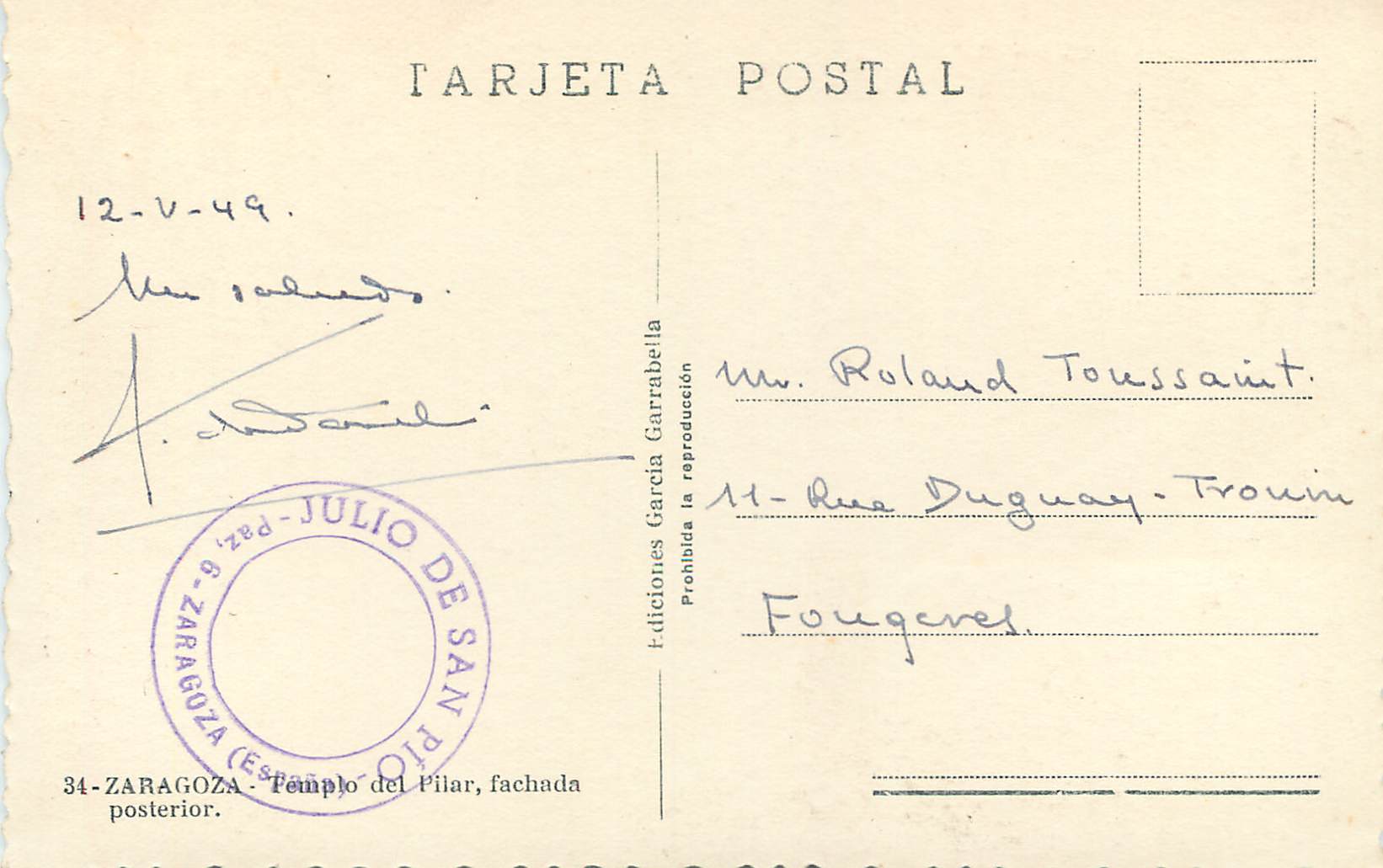 CPA Espana Zaragoza Templo del Pilar fachada posterior Ediciones Garcia Garabella Prohibida la reproduccion Tarjeta Post — Back